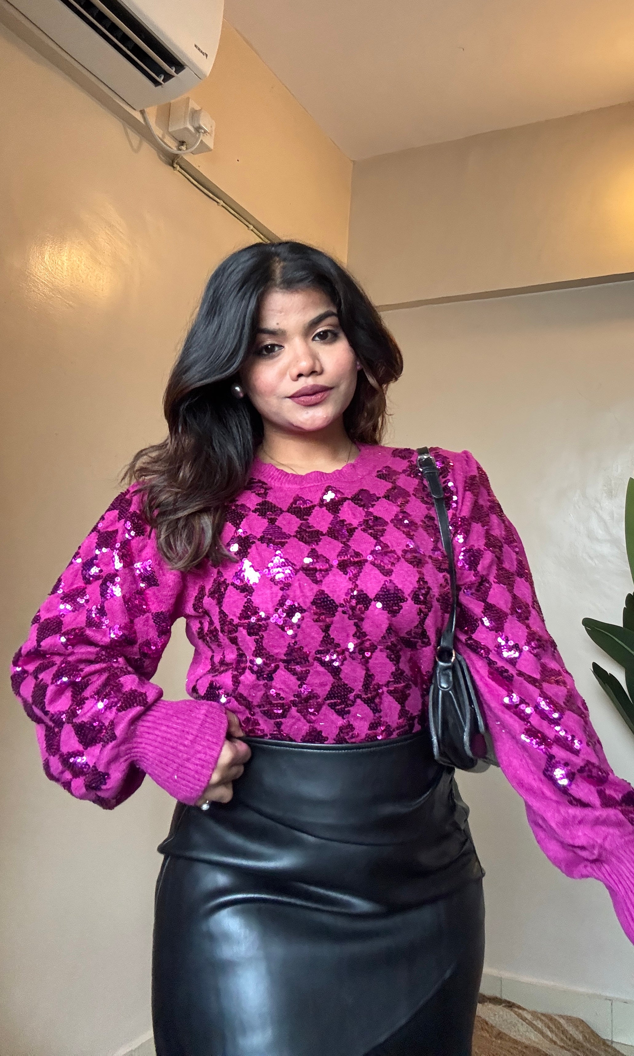 Pink Sequin Puffy Sleeve Pullover