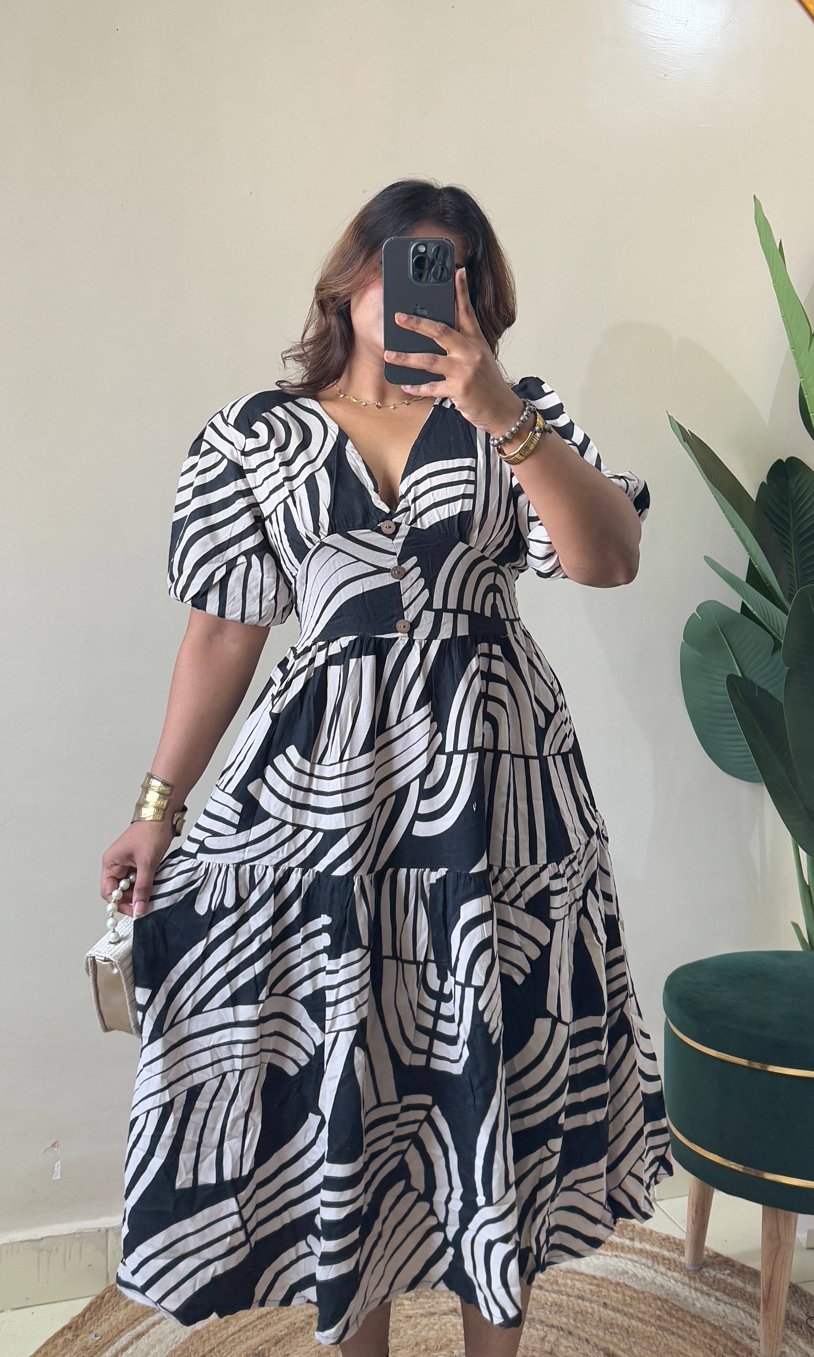Abstract Printed Puffy Sleeves Dress