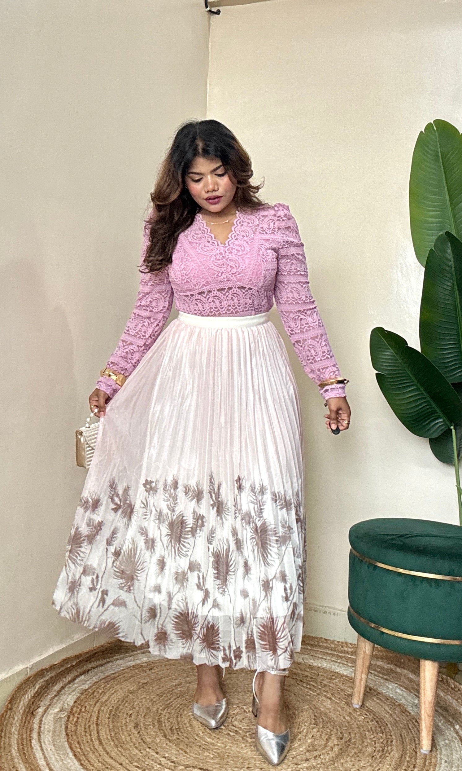 Floral Mesh Pleated Skirt