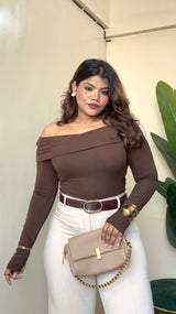 Off-Shoulder Top With Flower Bow - #9908