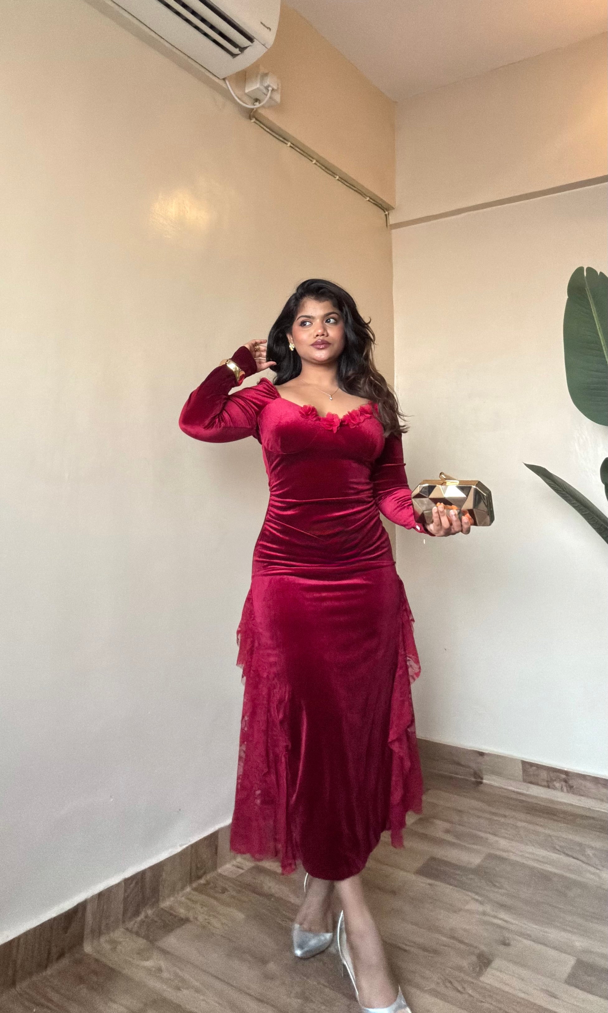 Red Velvet Sweetheart Neck Dress