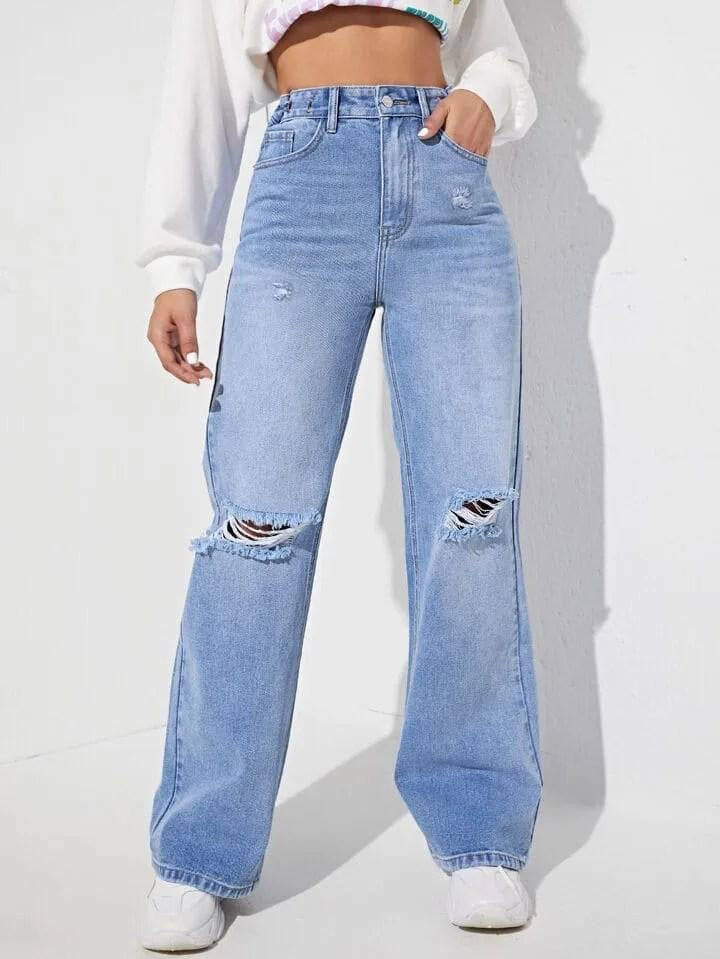 Ice Blue High Waist Ripped Wide Leg Jeans