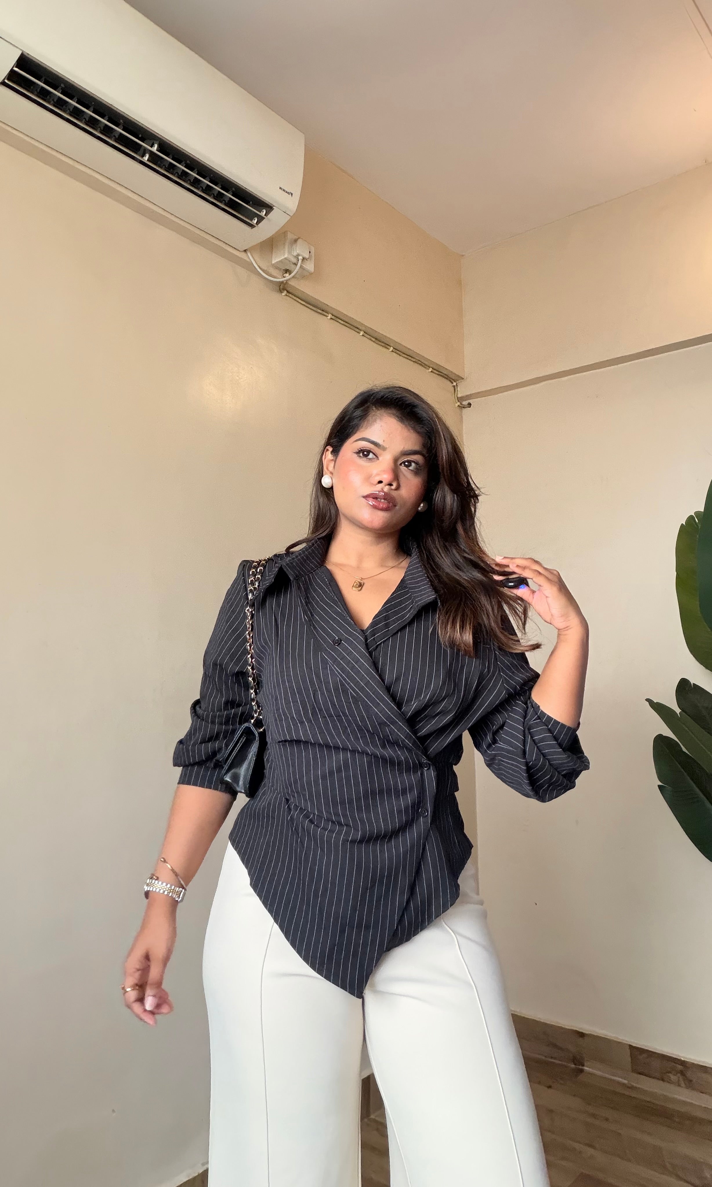 Black Side Wrap Snatched Striped Shirt