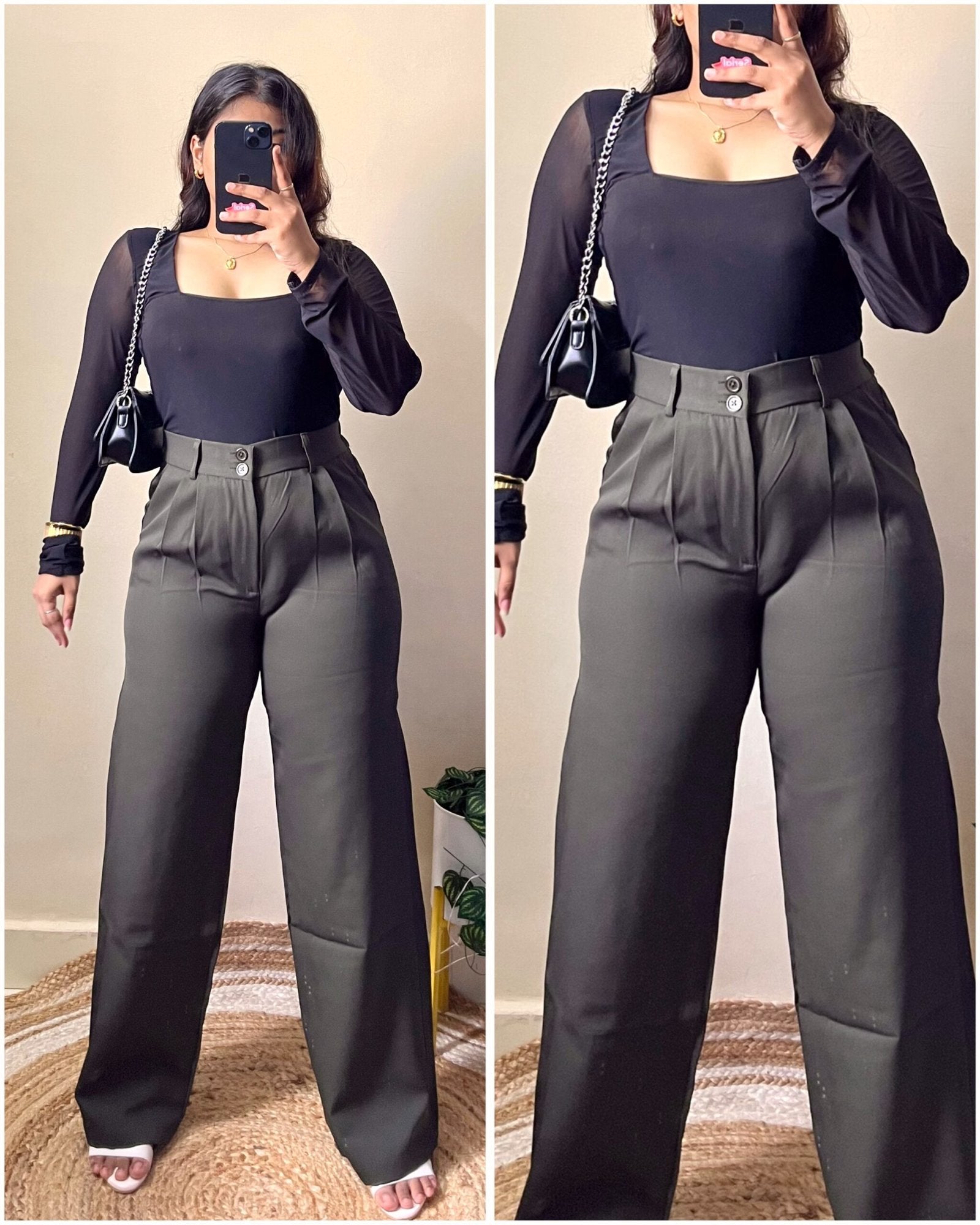 Korean Olive Green Double Button High Waist Pants
