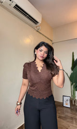 V Neck Lacework Half Sleeve Top