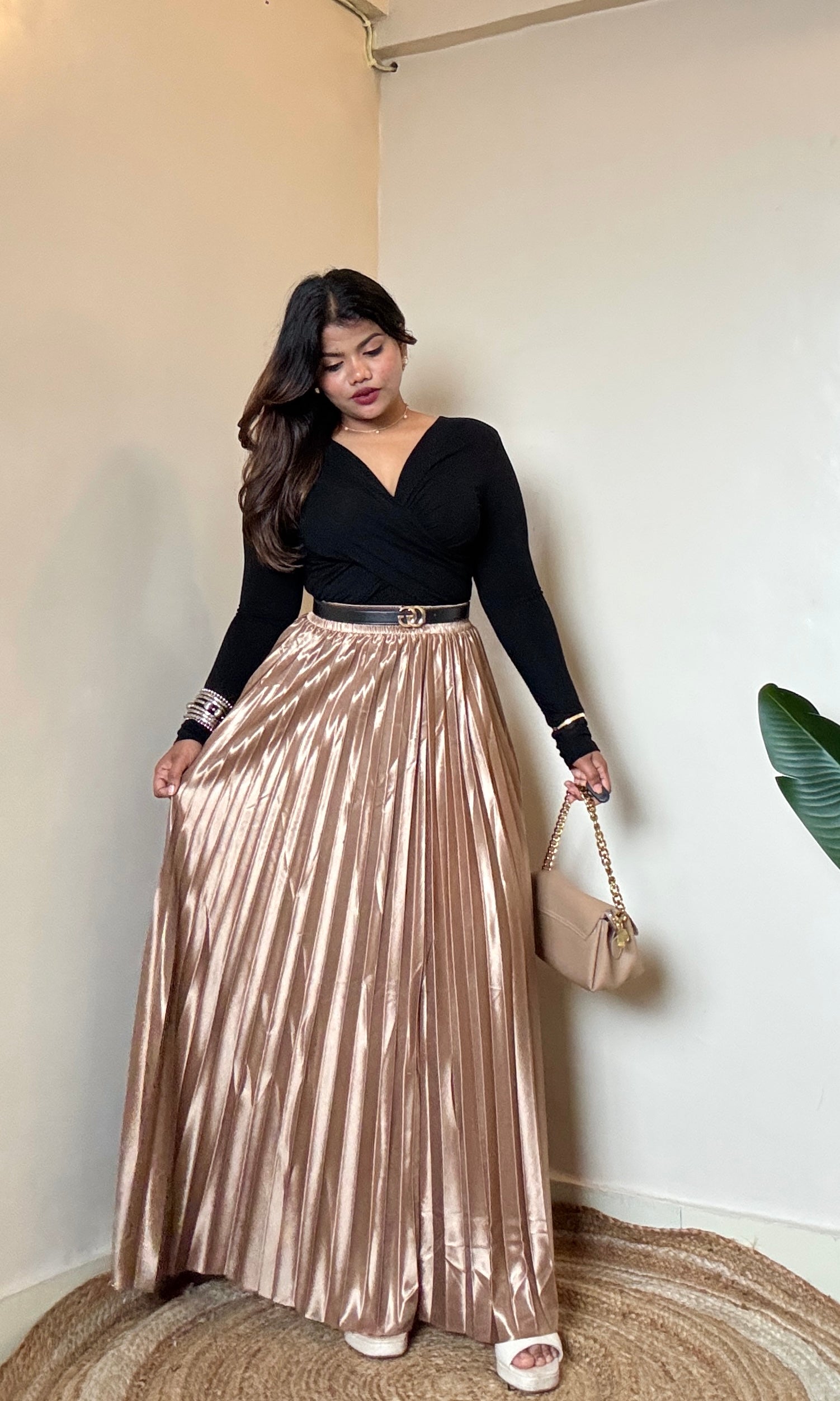 Premium Metallic Satin Pleated Skirt