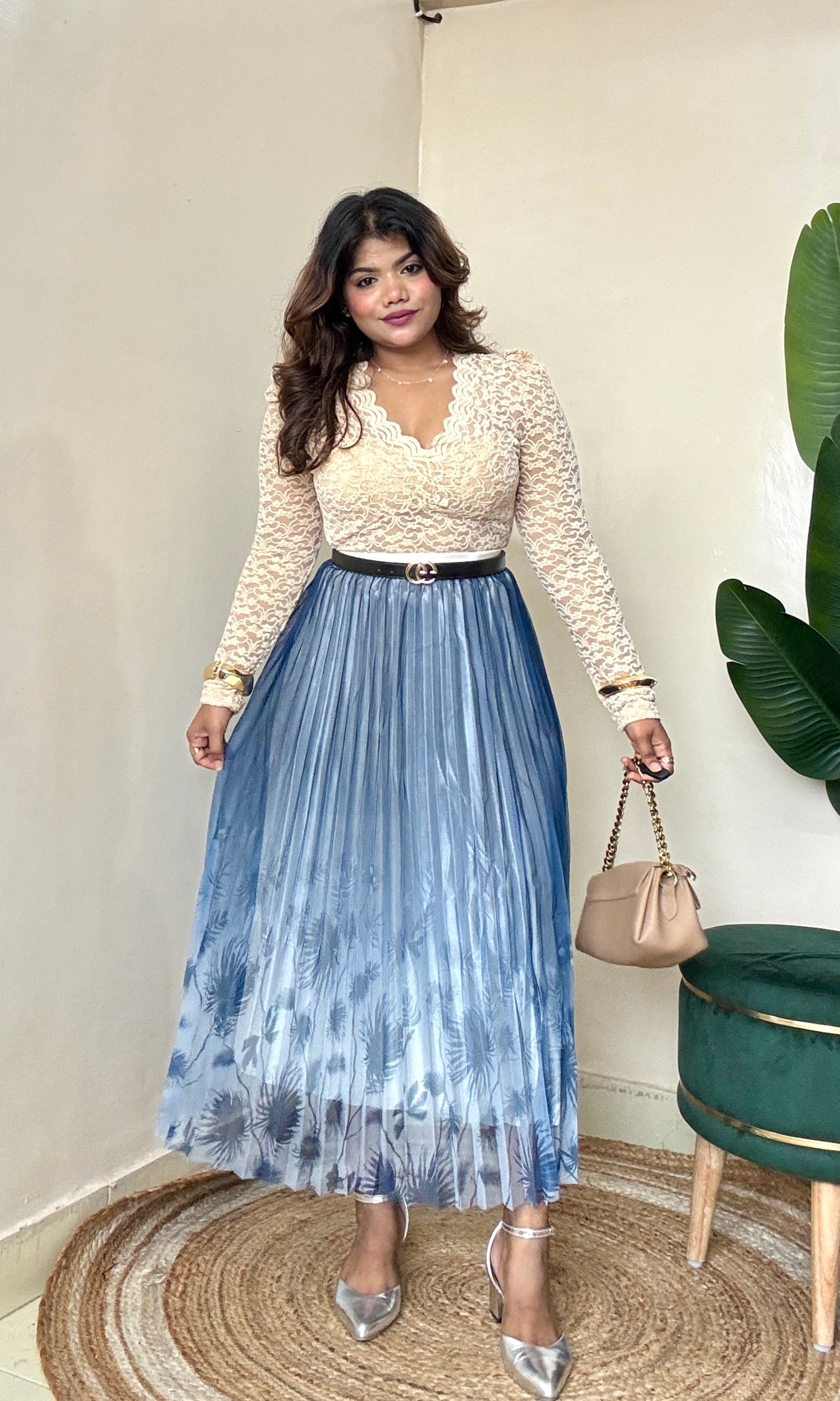 Floral Mesh Pleated Skirt
