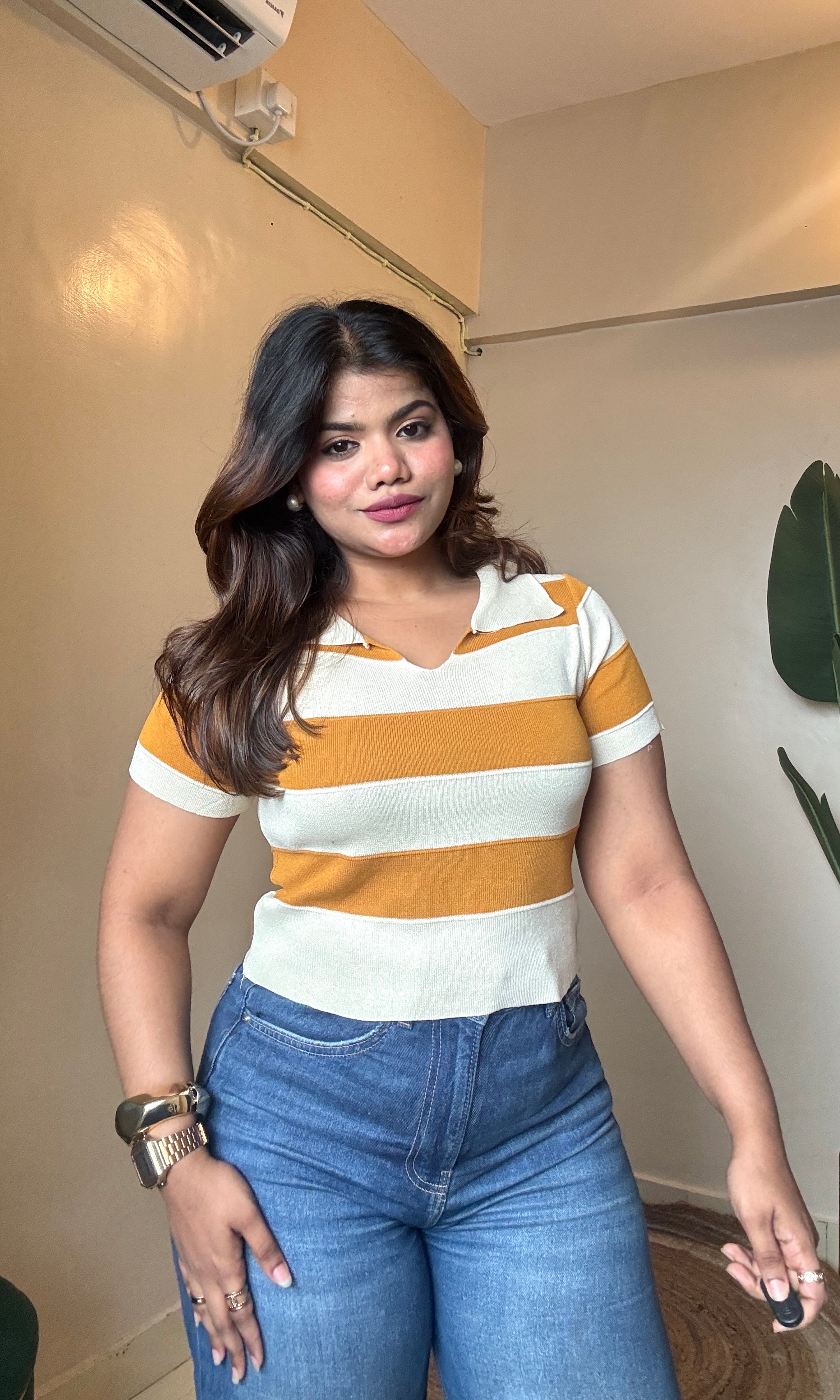 Striped Collar Neck Half Sleeve Top