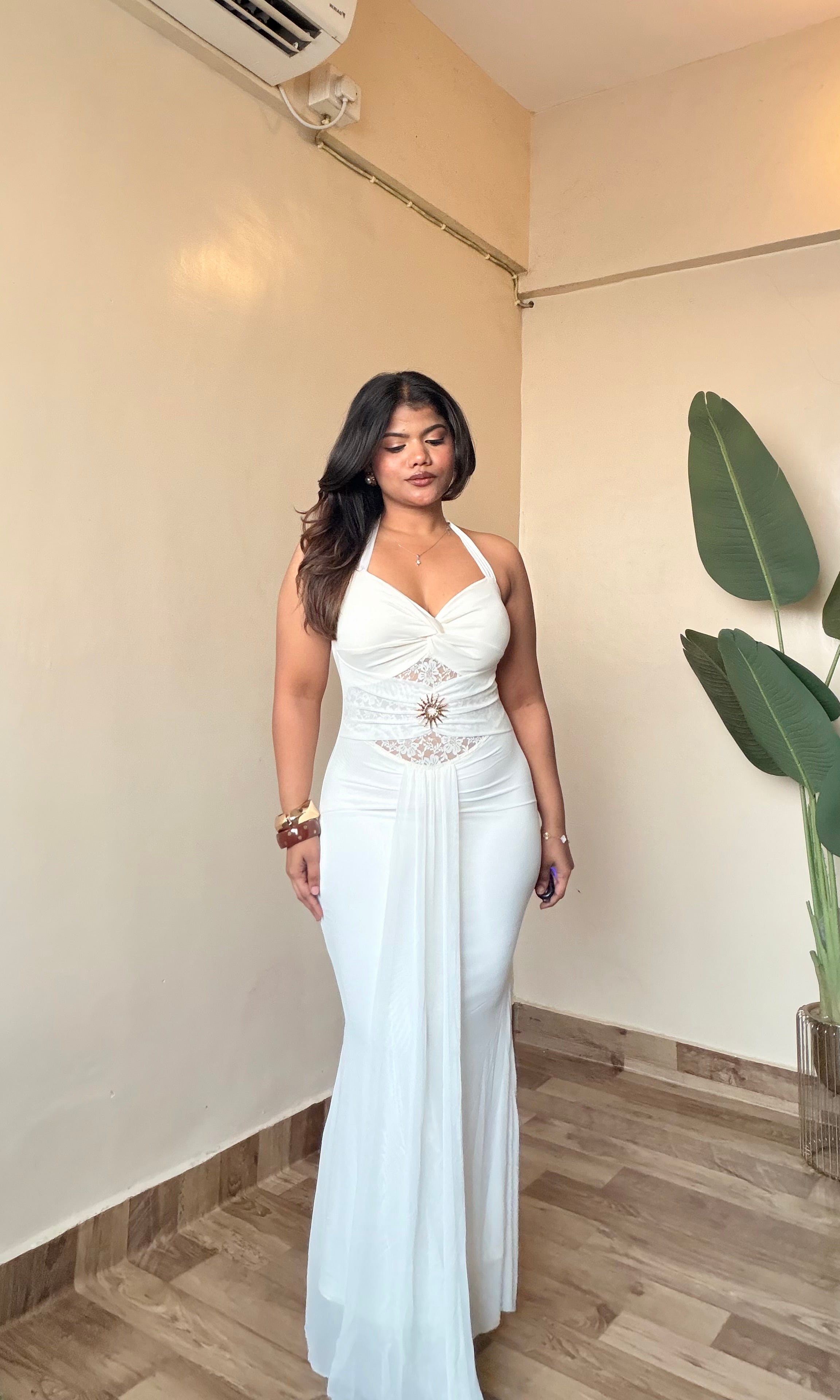 Halter Neck Metallic Decor Dress