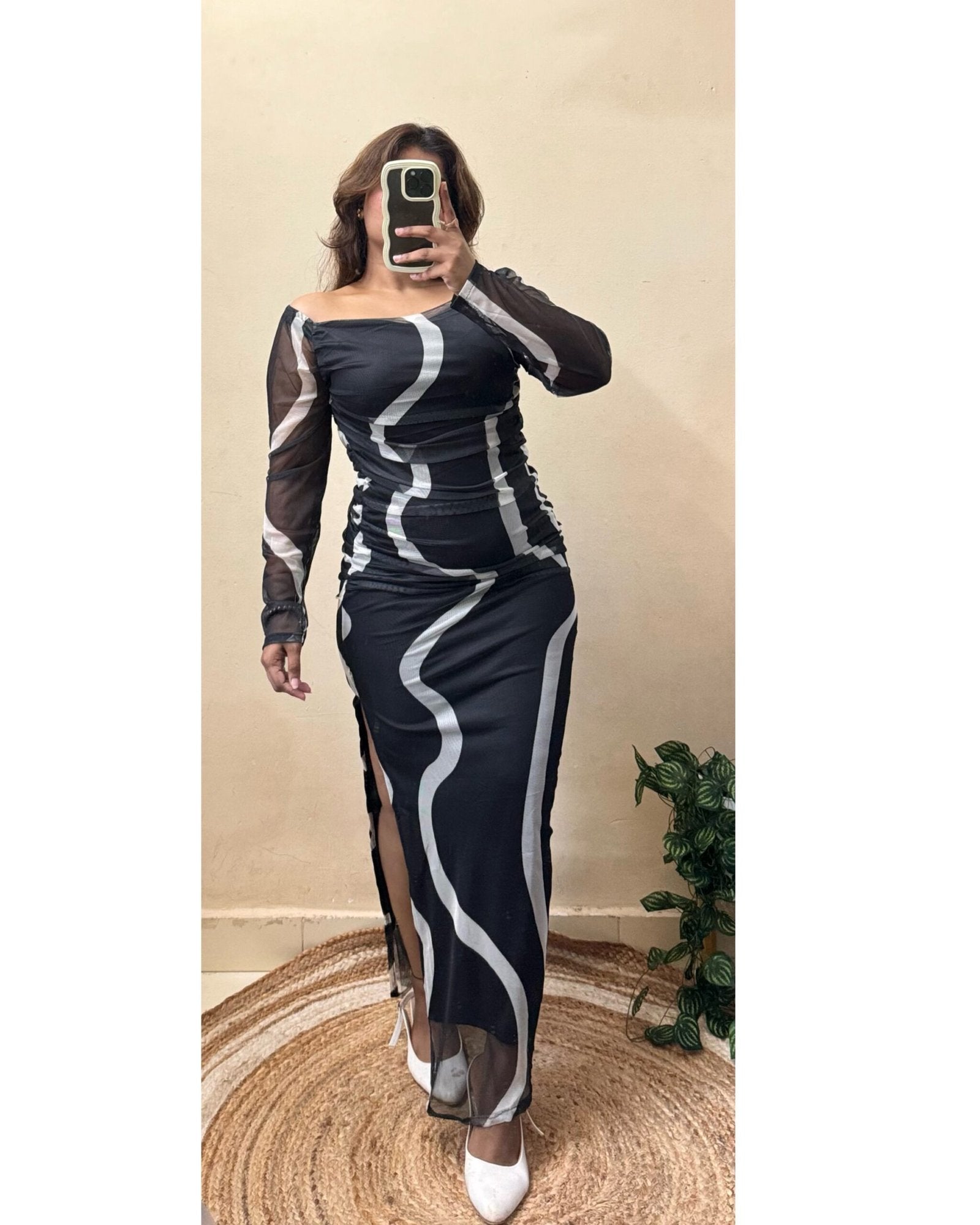 Black Wavy Print Mesh Slit Cut Mesh Bodycon Dress