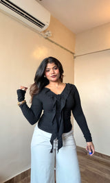 Ruffle V Neck Ruched Rose Detailing Top #9929