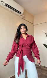 Wrap Style Tie-Up Striped Shirt