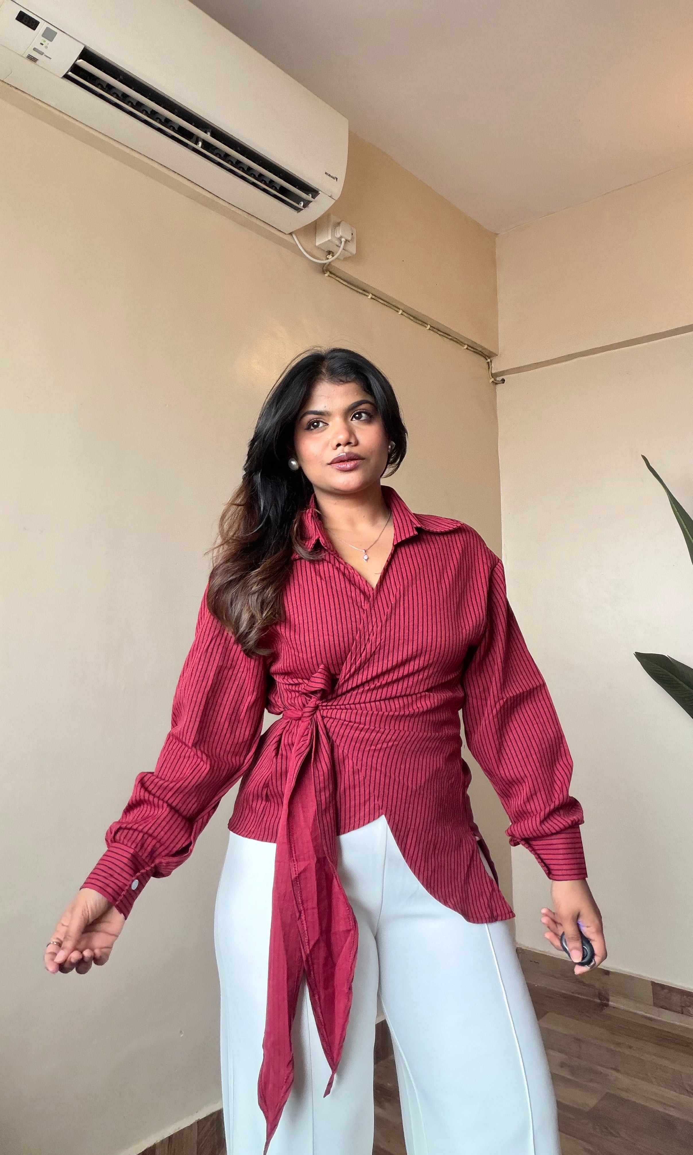 Wrap Style Tie-Up Striped Shirt