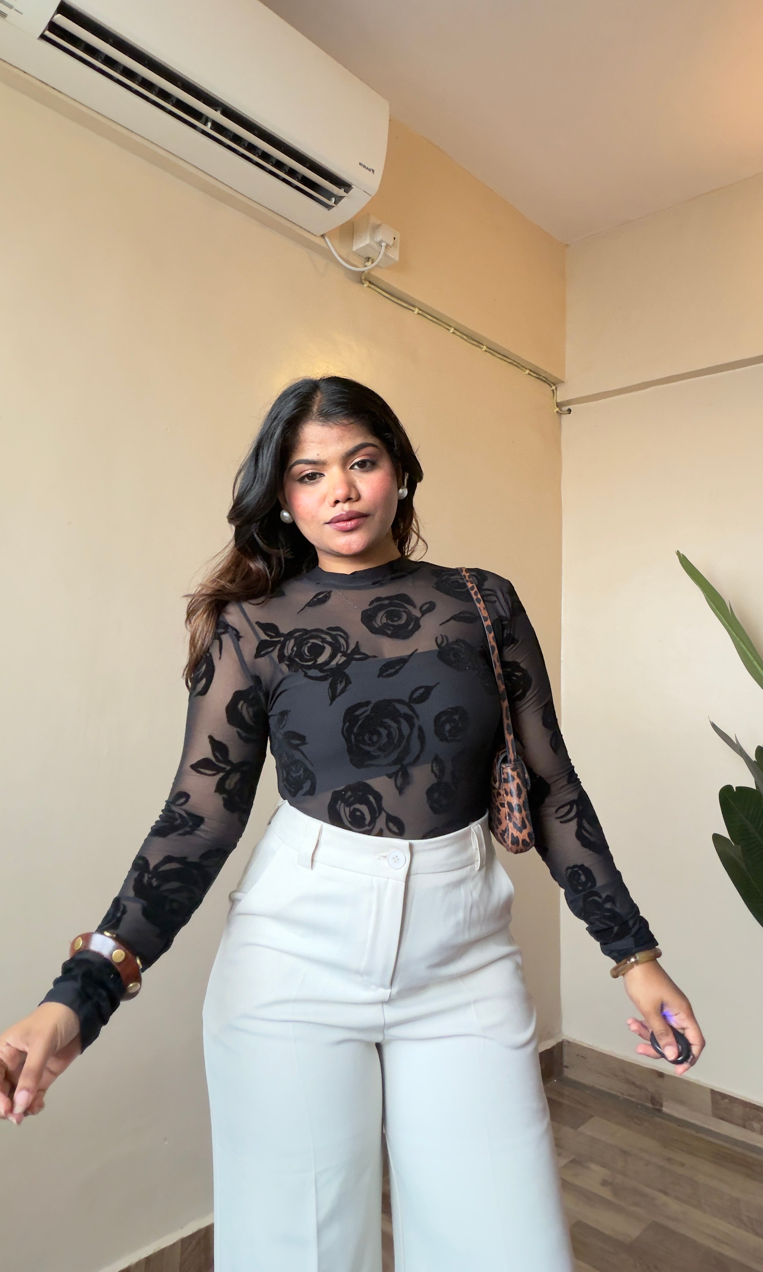 Black Rose Printed Mesh Top With Inner