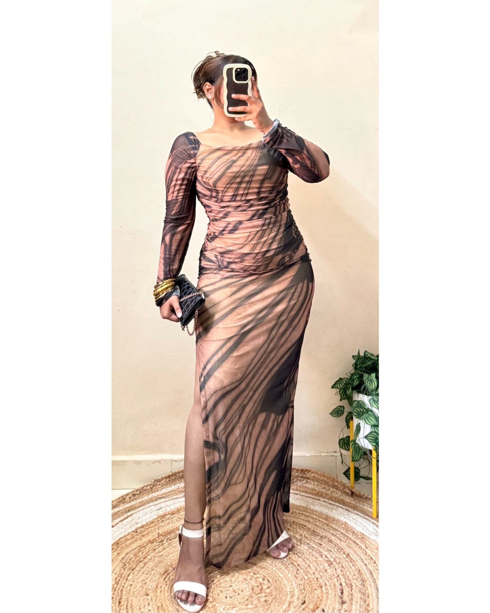 Beige Marble Print Slit Cut Mesh Bodycon Dress