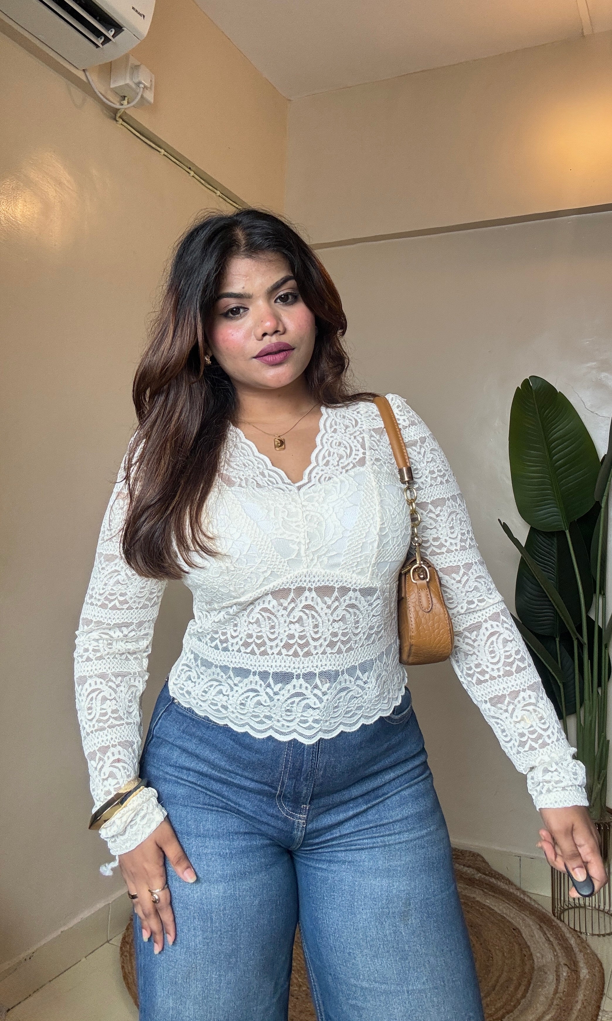 V Neck Lacework Mesh Top