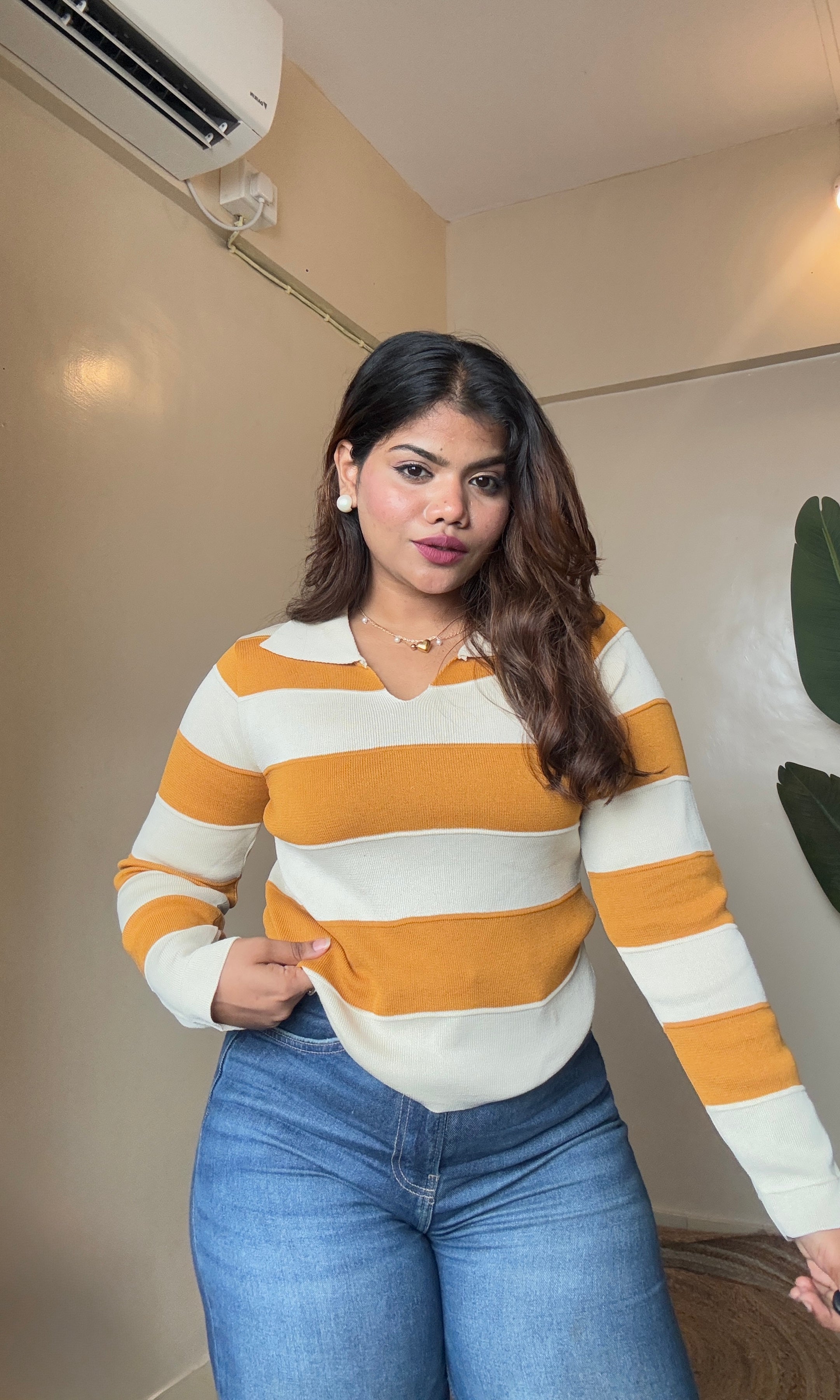 Striped Collar Full Sleeve Top