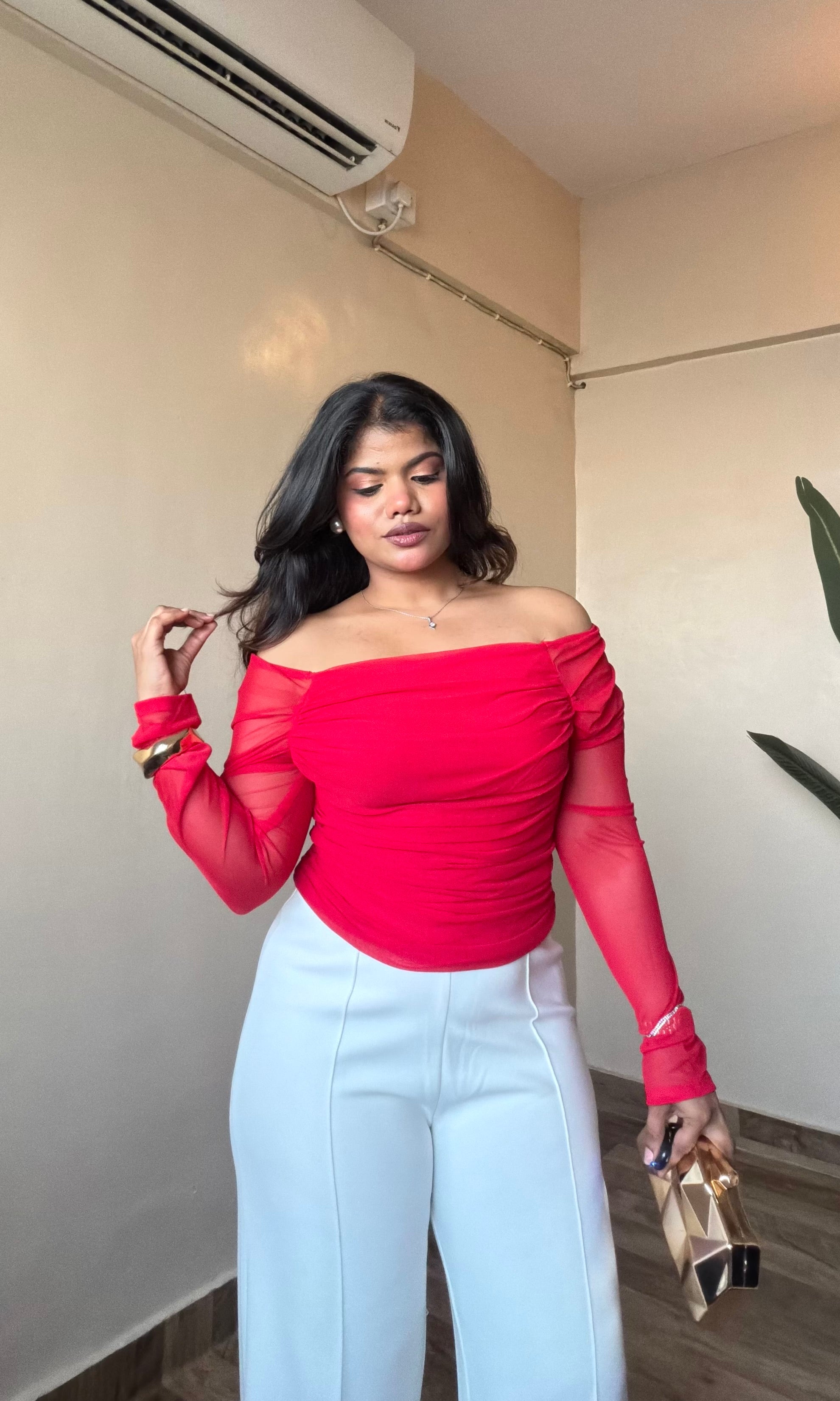 Square-Neck Ruched Mesh Top