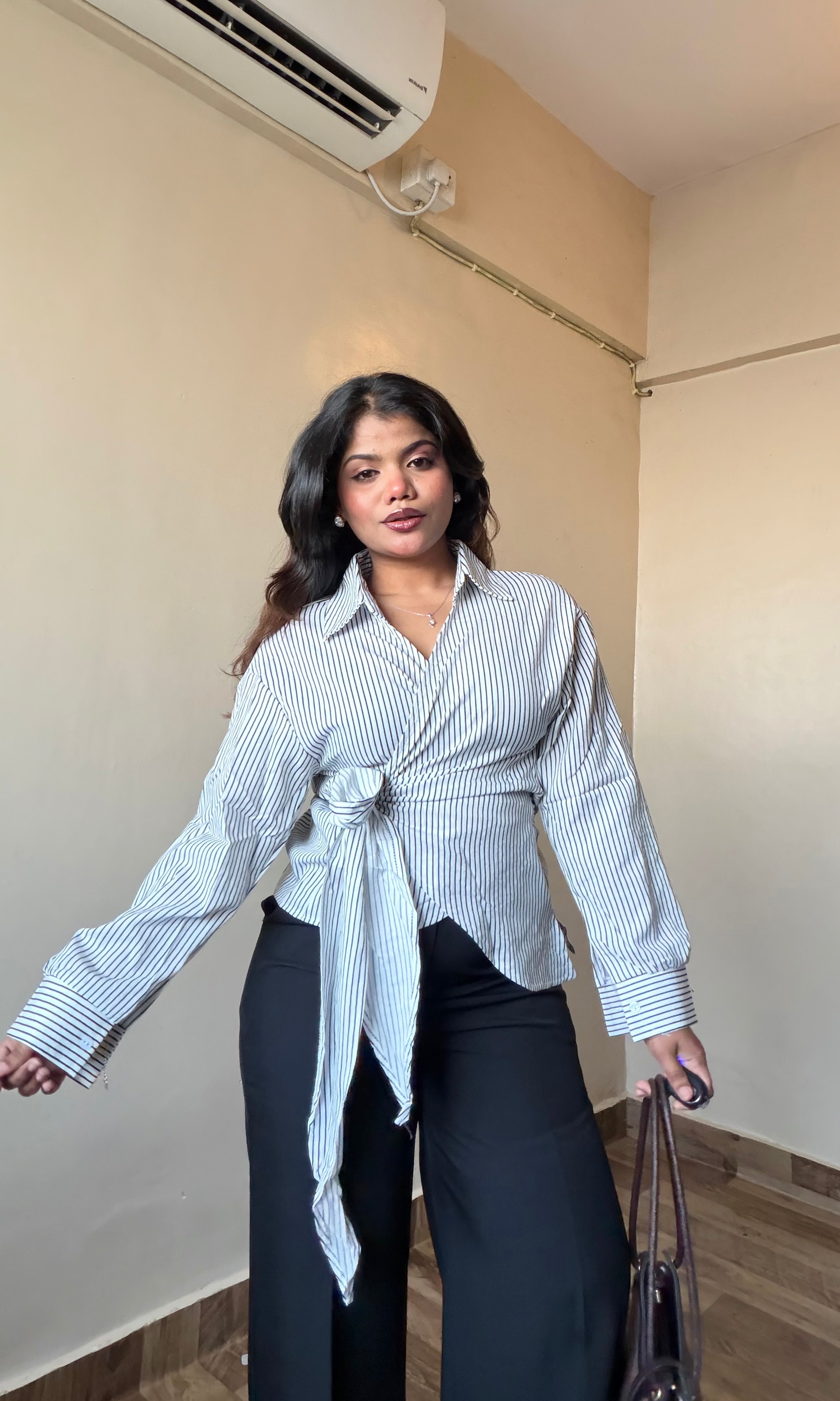 Wrap Style Tie-Up Striped Shirt