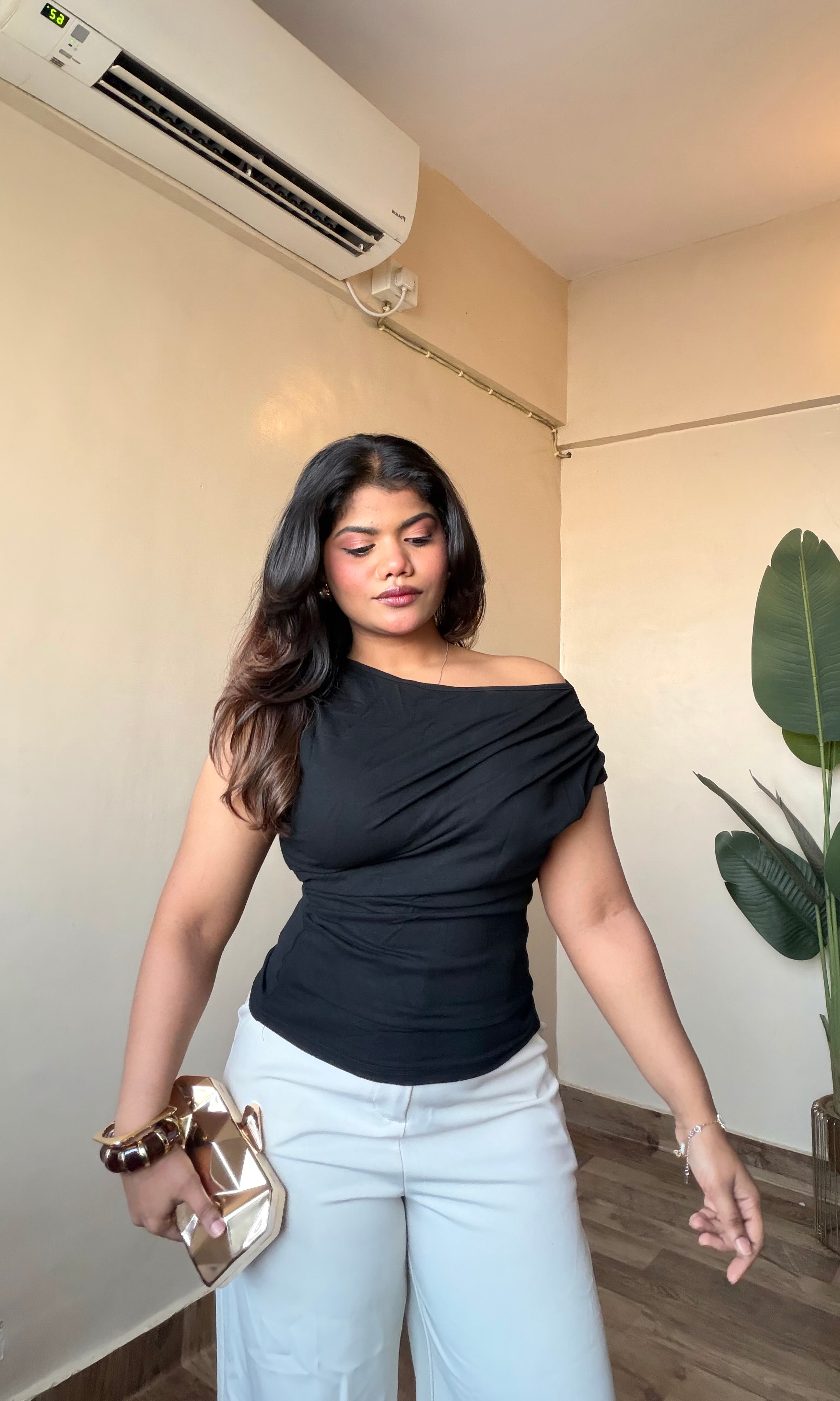 Asymmetrical One Off-Shoulder Ruched Top #2297