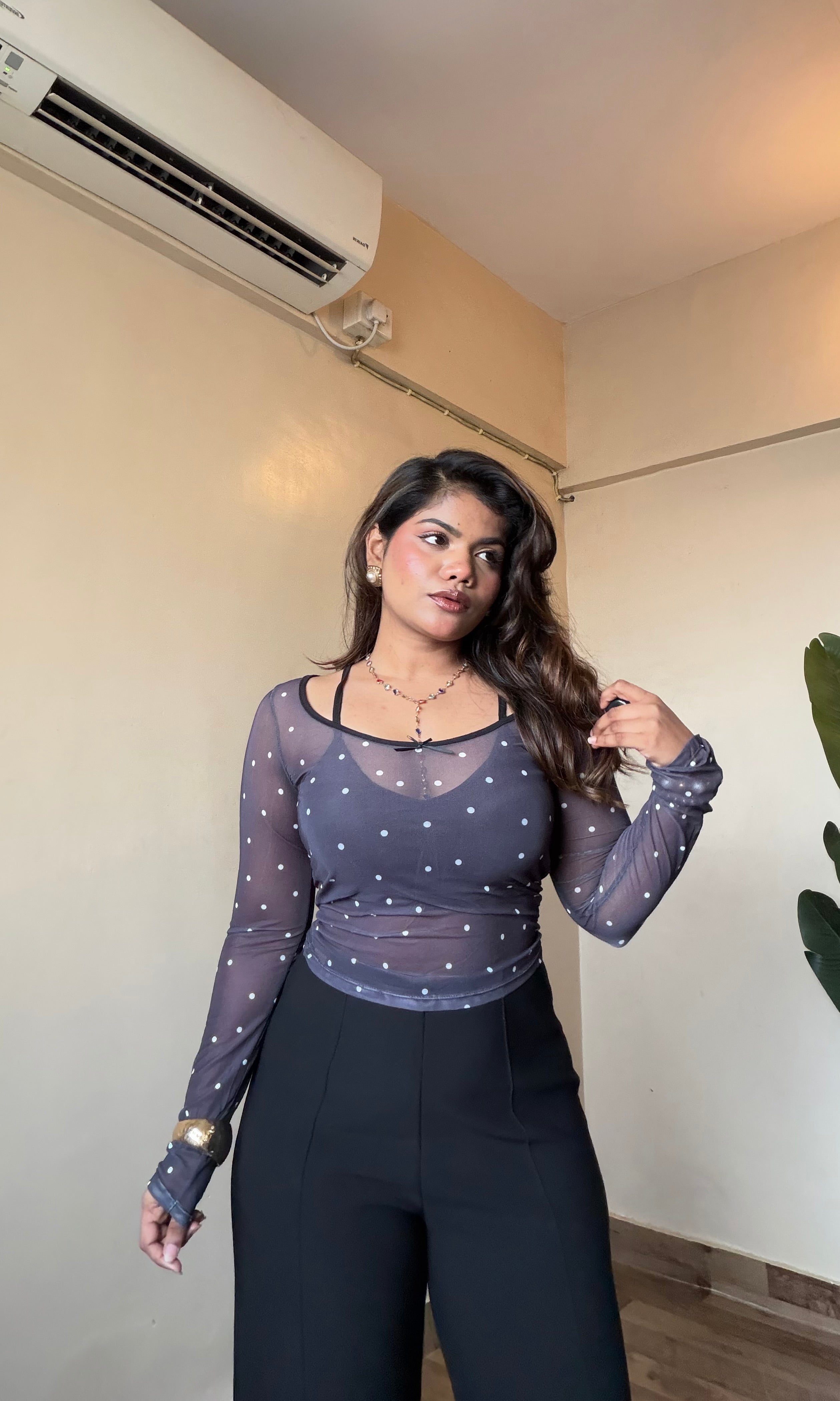 Sheer Mesh Polka Dot Top With Inner