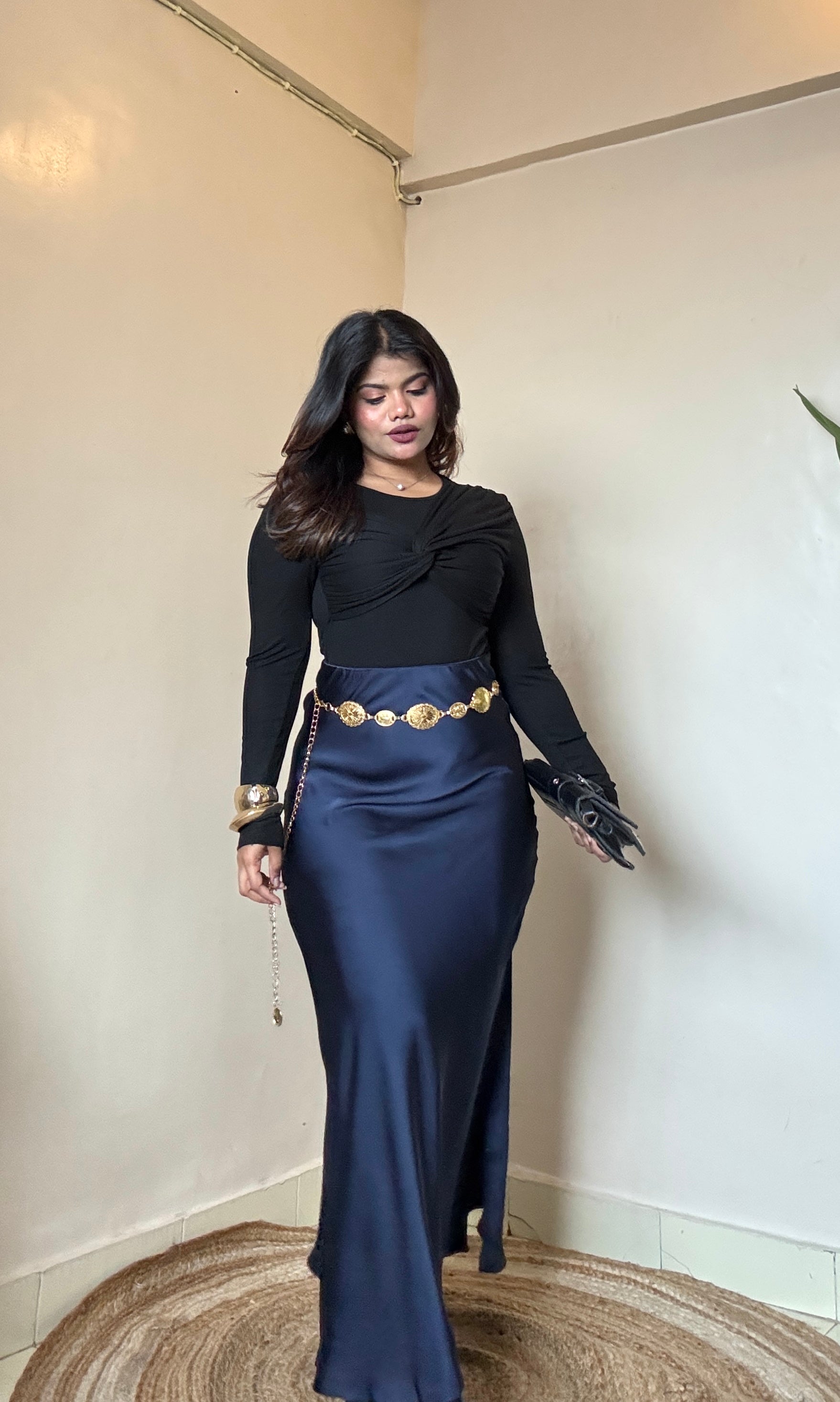 Premium Navy Blue Satin Skirt