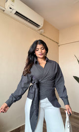 Wrap Style Tie-Up Striped Shirt