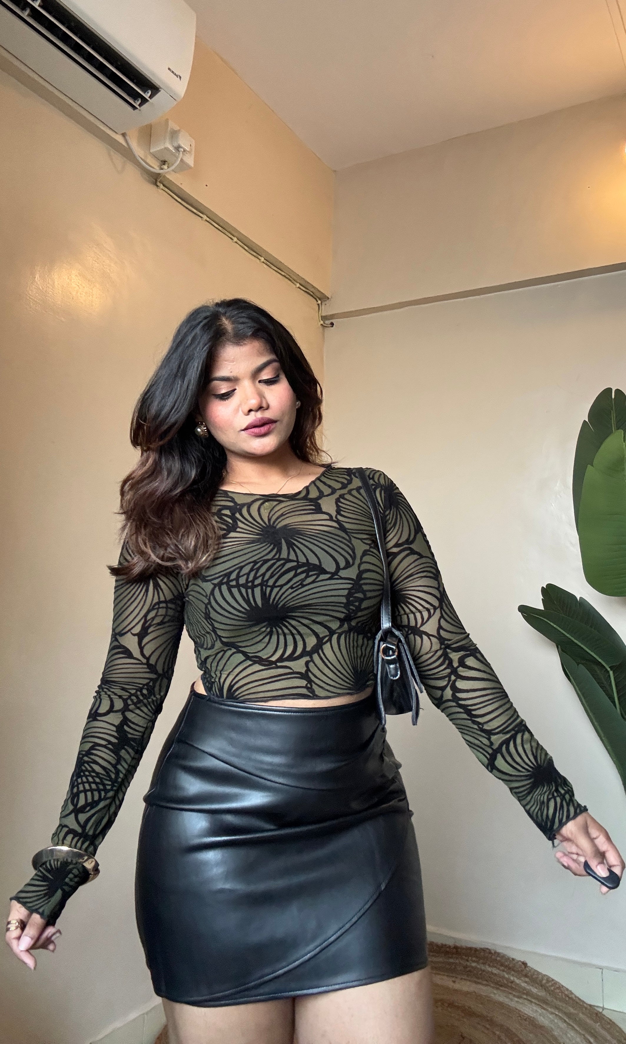 Floral Velvet Print Sheer Mesh Top With Inner