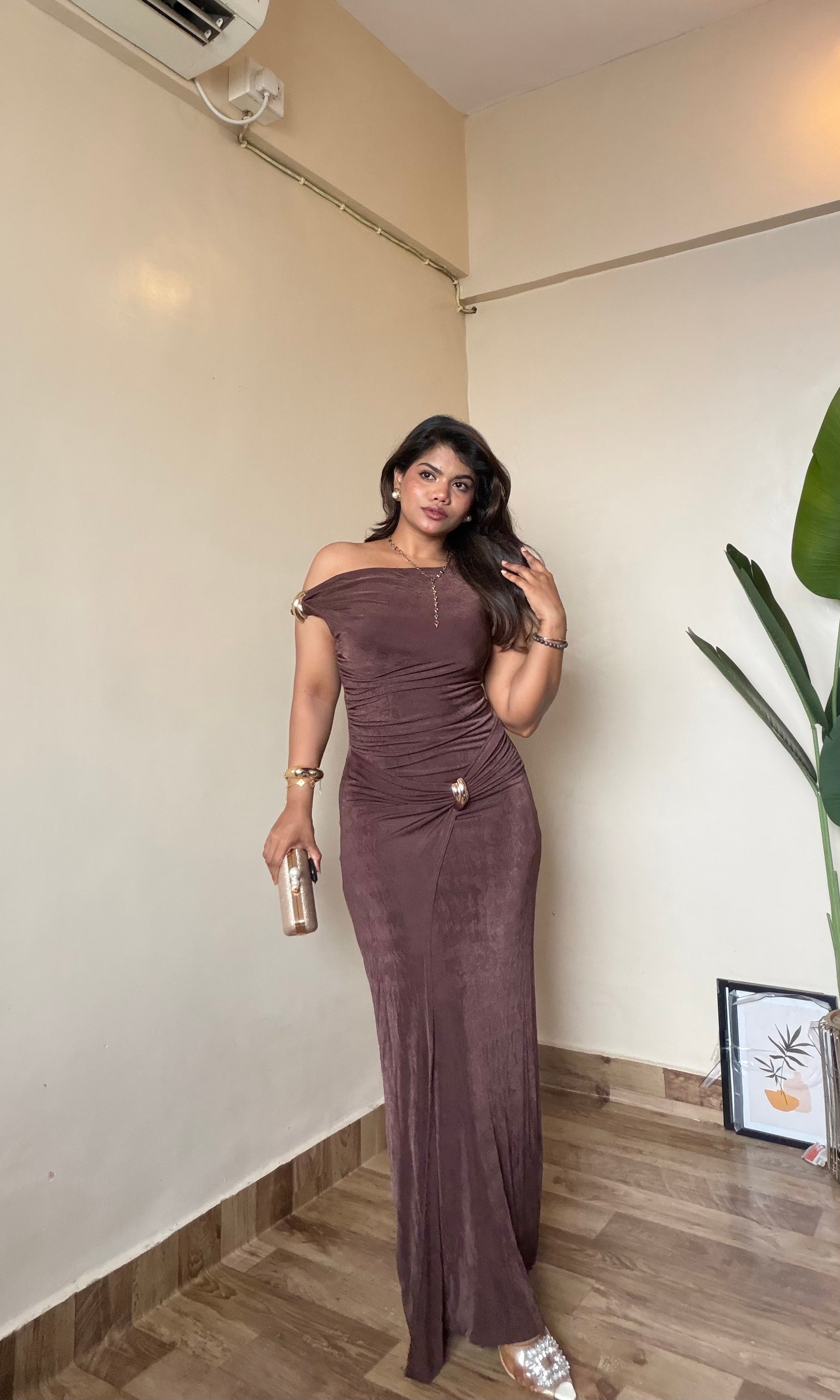 Brown One Shoulder Draped Ruched Dress