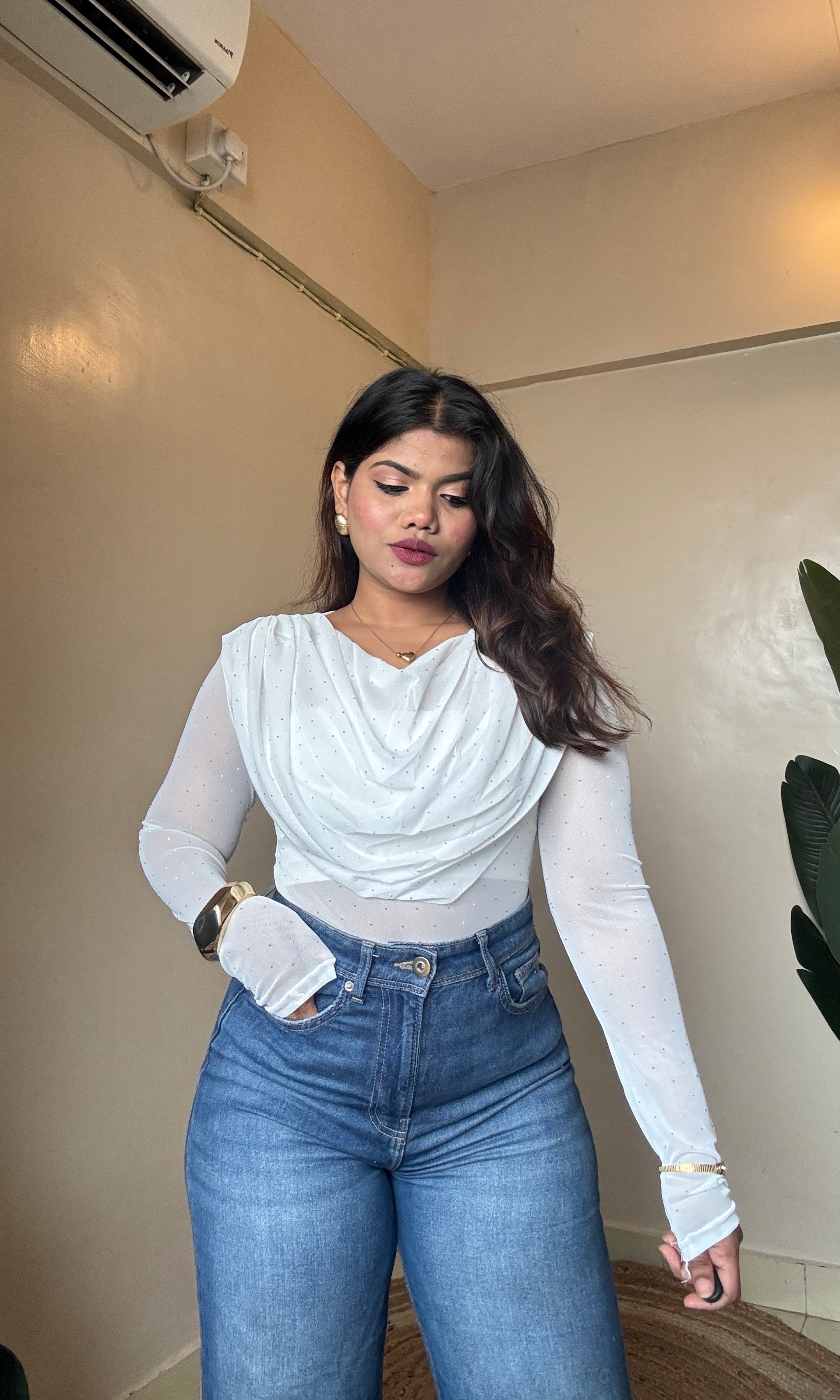 White Fall Neck Rhinestone Mesh Top