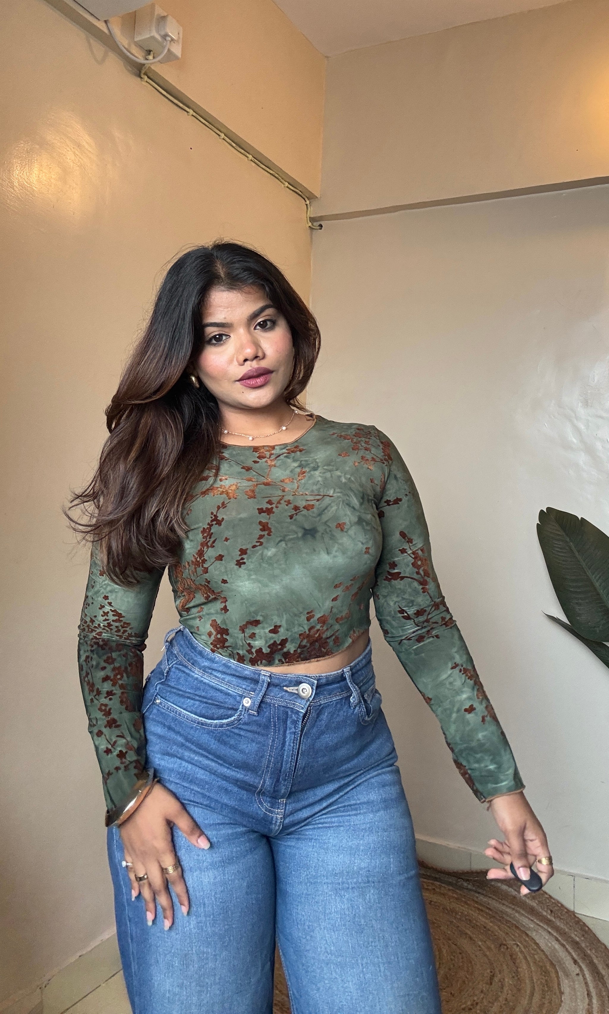 Beautiful Floral Velvet Print Crop Top