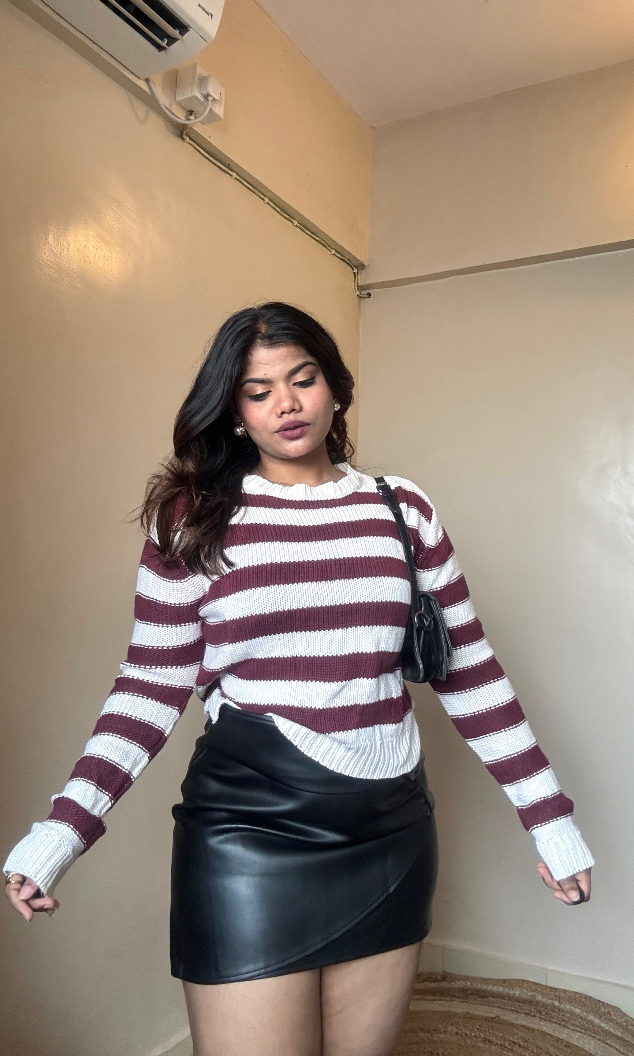 Maroon White Striped Knit Pullover