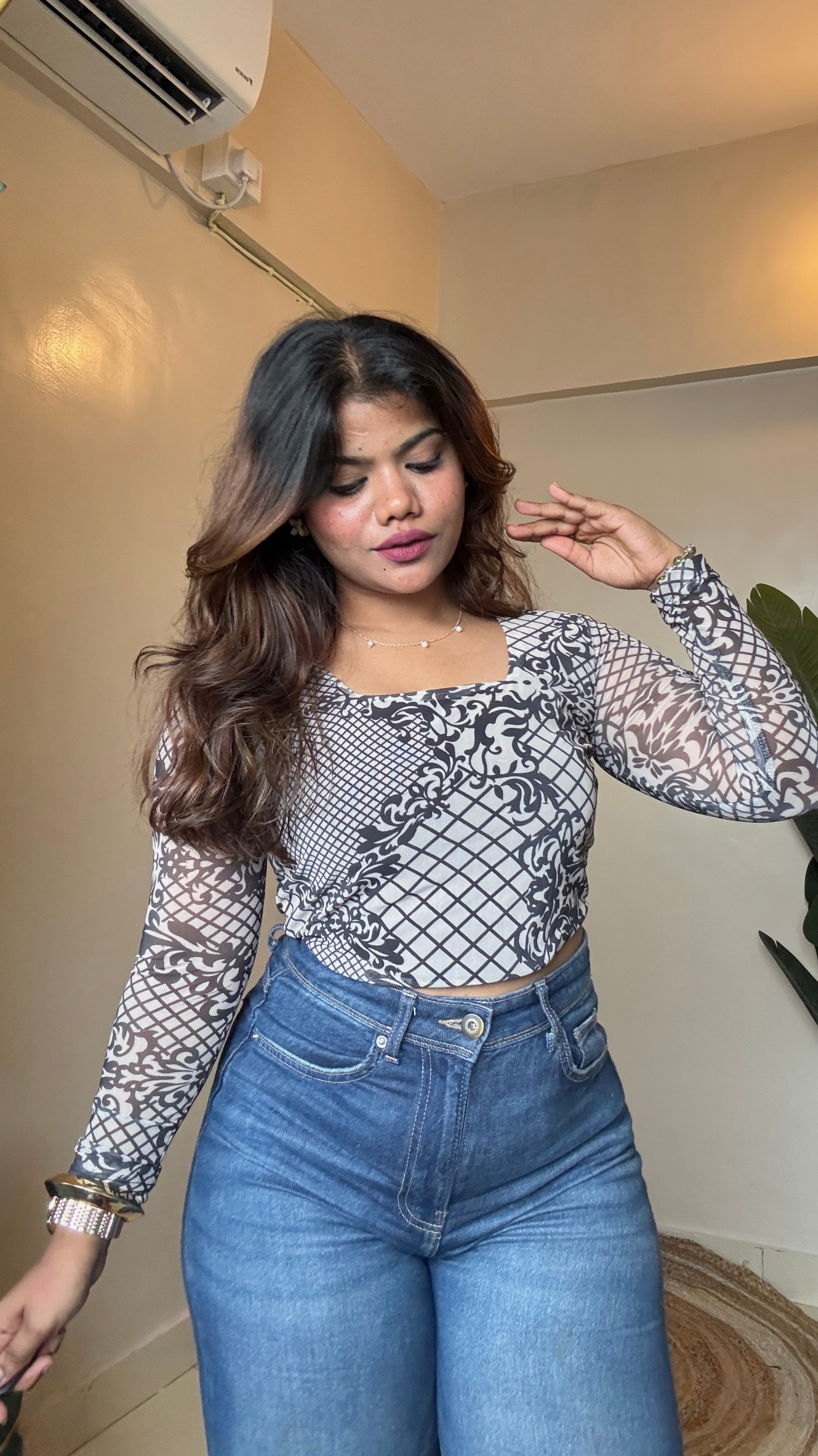 Beige Printed Mesh Top