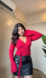 Wrap Body-Fitted Bell Sleeve Top #2675