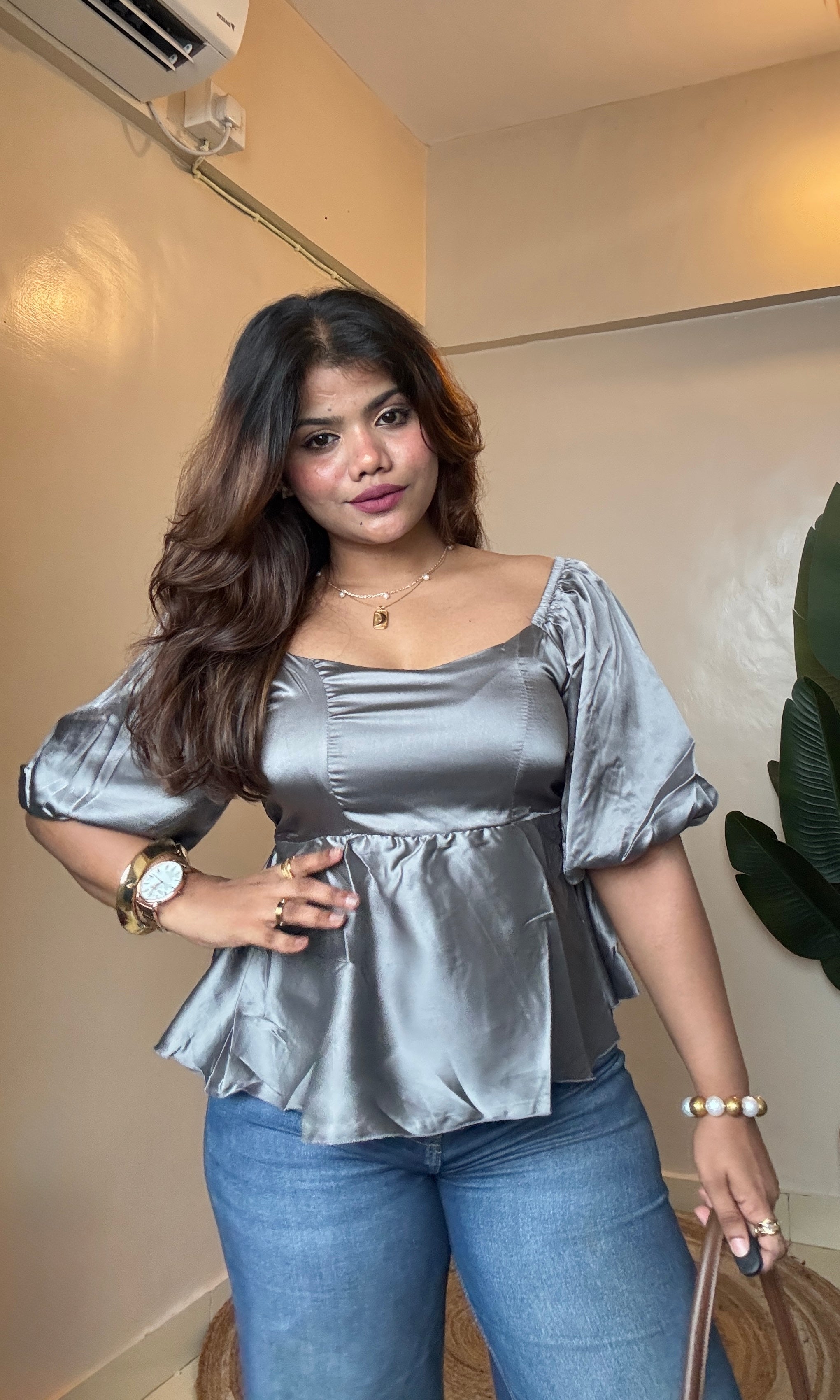 Satin Balloon Sleeve Top