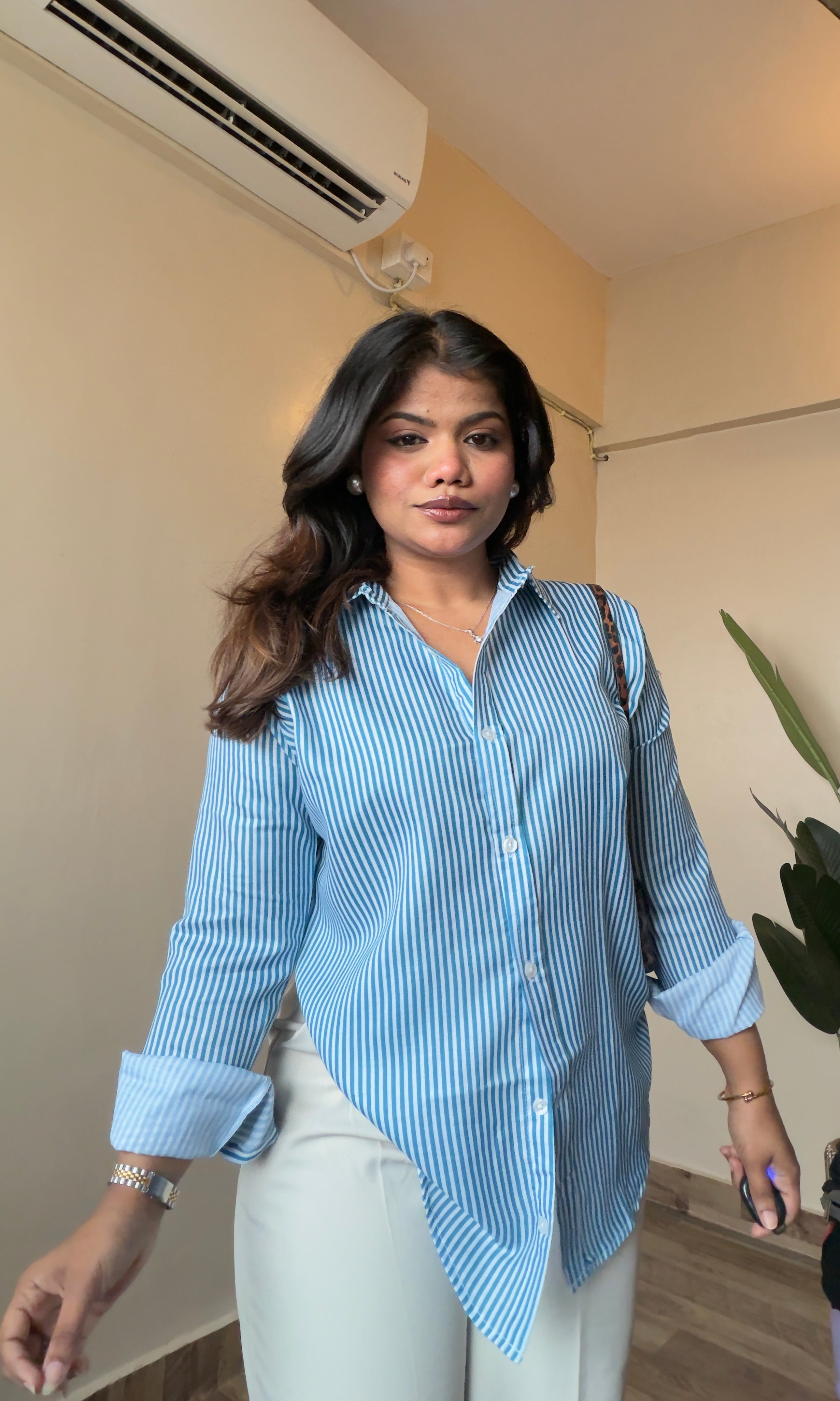 Teal Blue Striped Linen Shirt