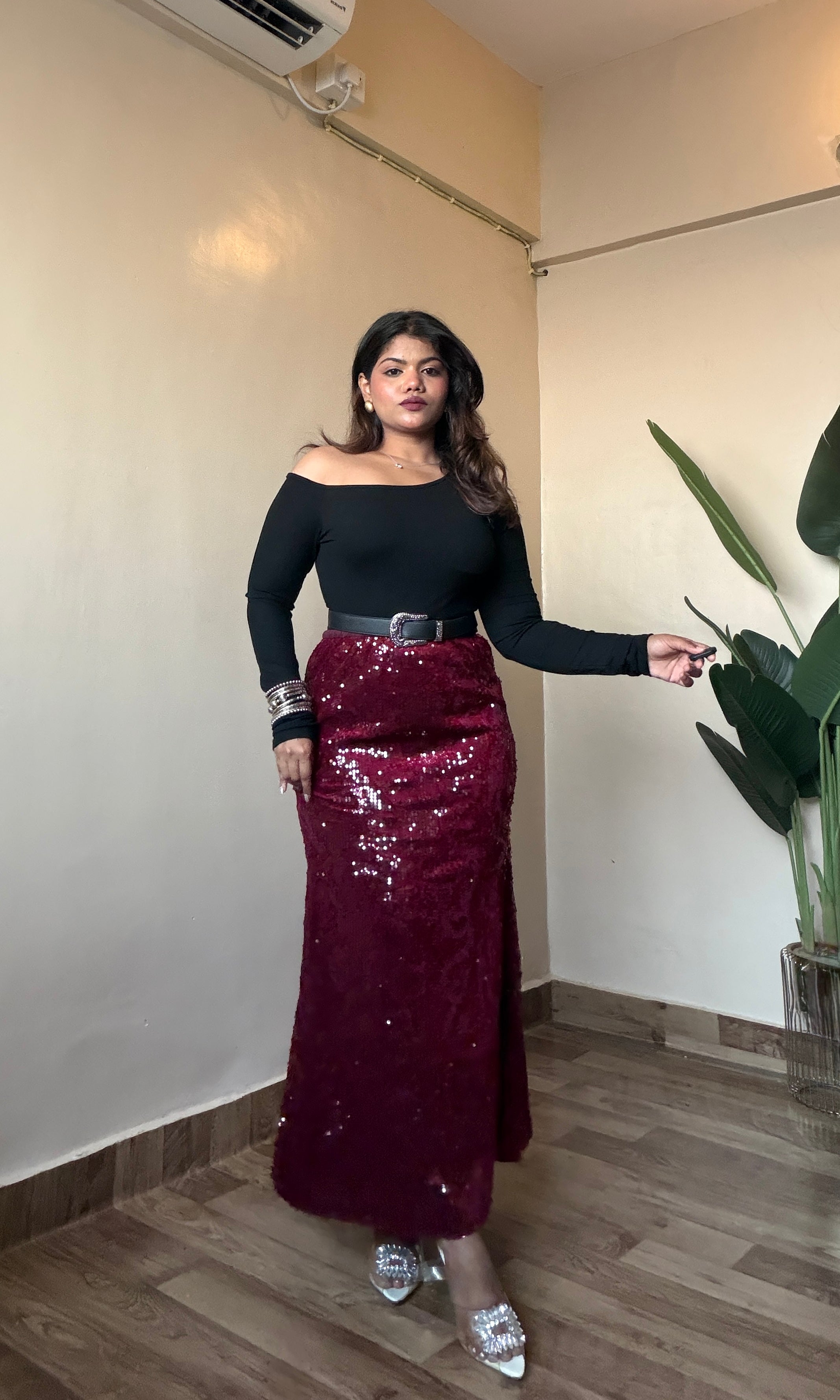 Maroon Sequin Bodycon Skirt