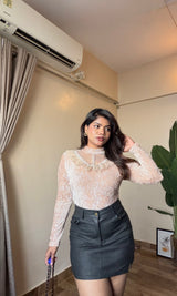 Ruffle Mesh Work Velvet Top