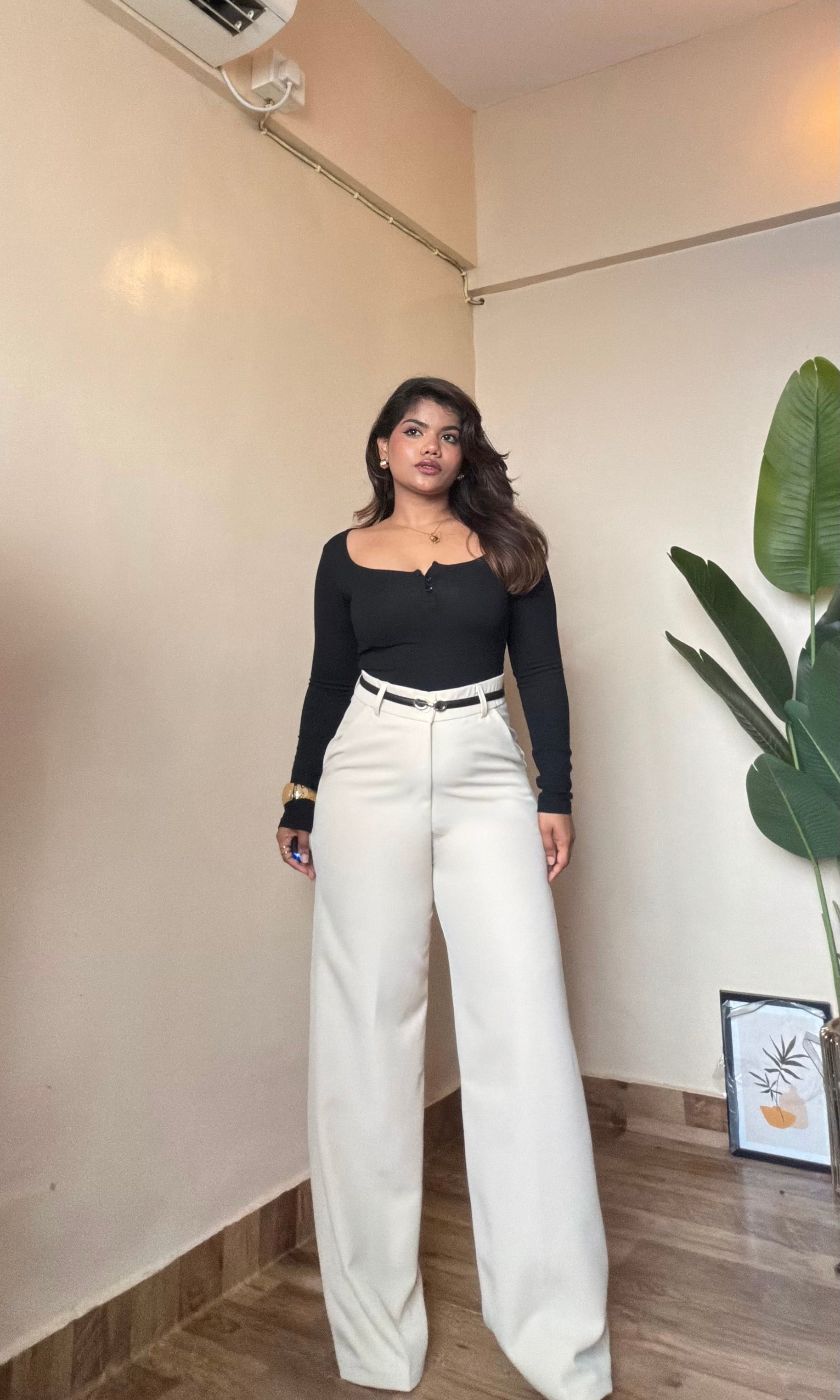Beige High Waist Trouser With Belt