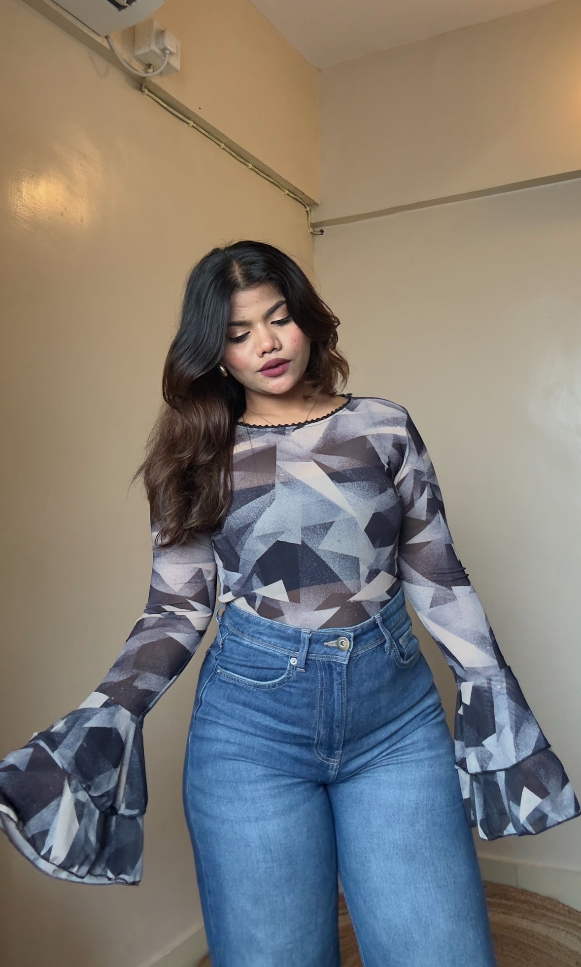 Black Colour-Block Print Frill Sleeve Mesh Top
