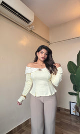 Ruffle Off Shoulder Top With Metallic Rose Broch