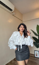 Ruffle V Neck Tie-Up Shirt