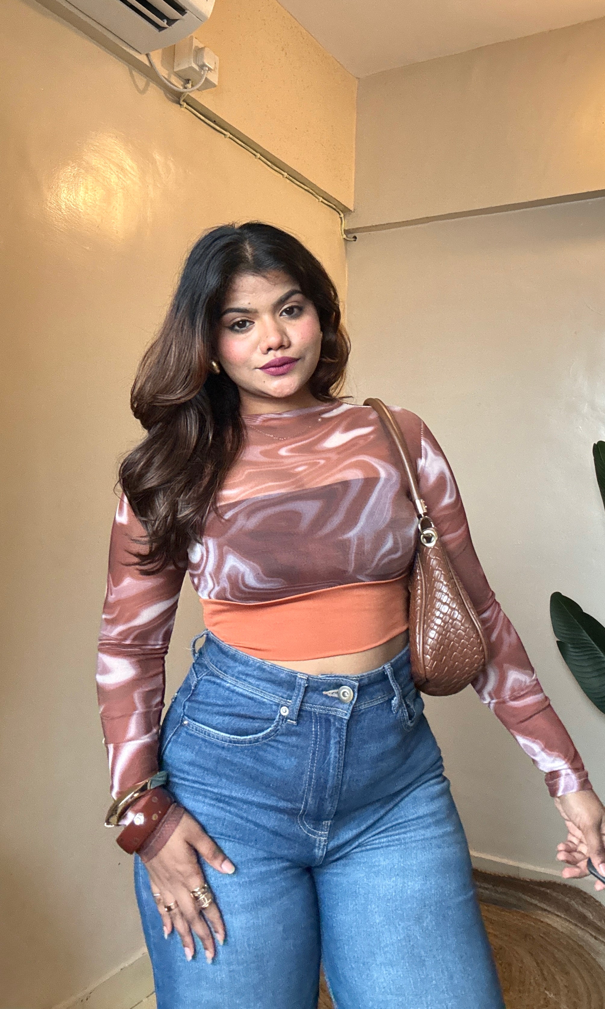 Brown Marble Print Mesh Padded Top