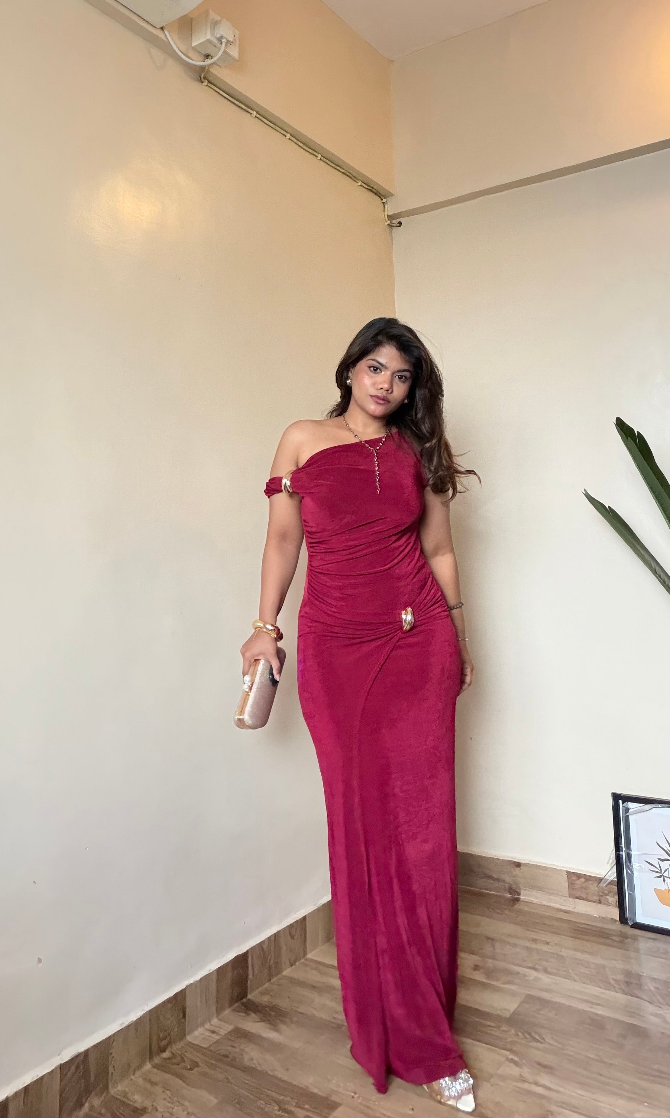 Red One Shoulder Draped Ruched Dress