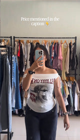 Retro Graphic Print Off-Shoulder Top