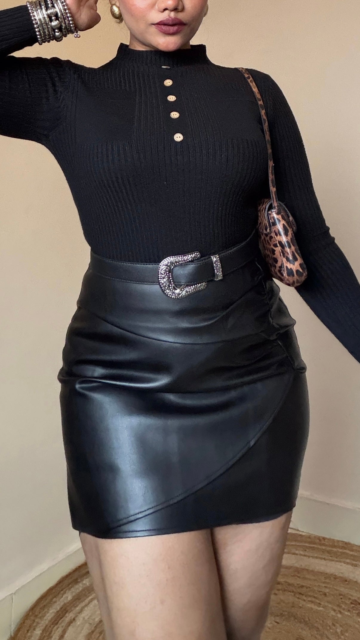 Black Ruched Leather Skirt With Silver Belt