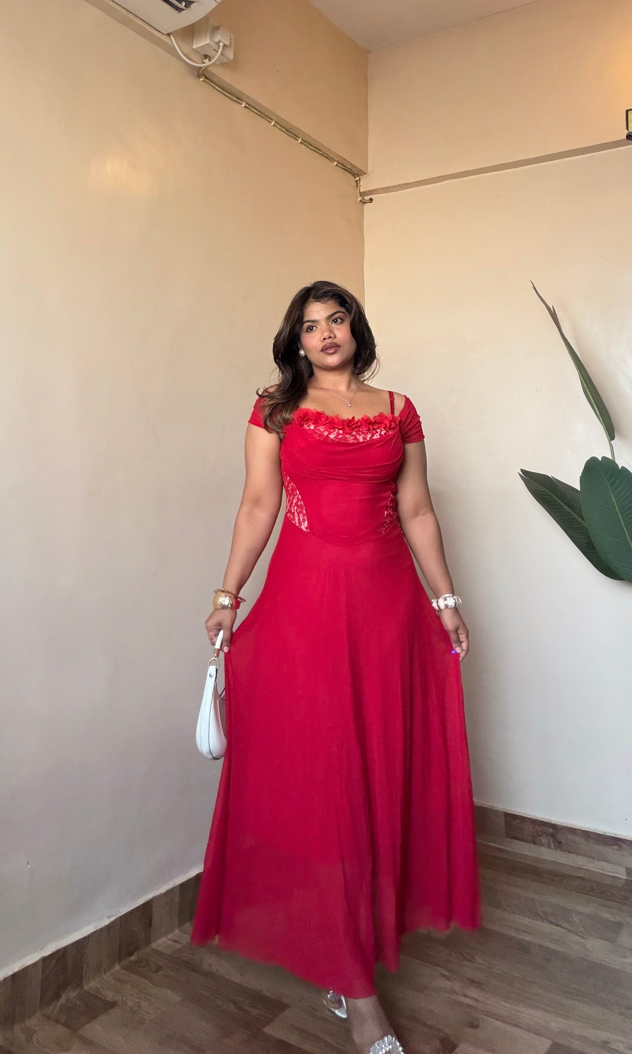 Red Floral Off-Shoulder Lacy Mesh Dress