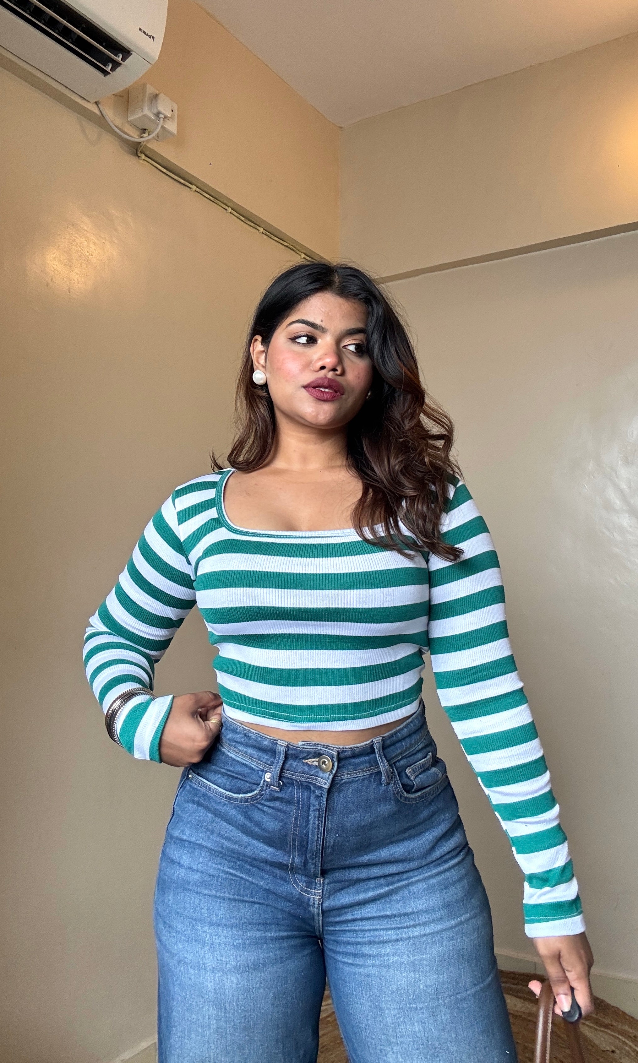 Striped Round Neck Crop Top