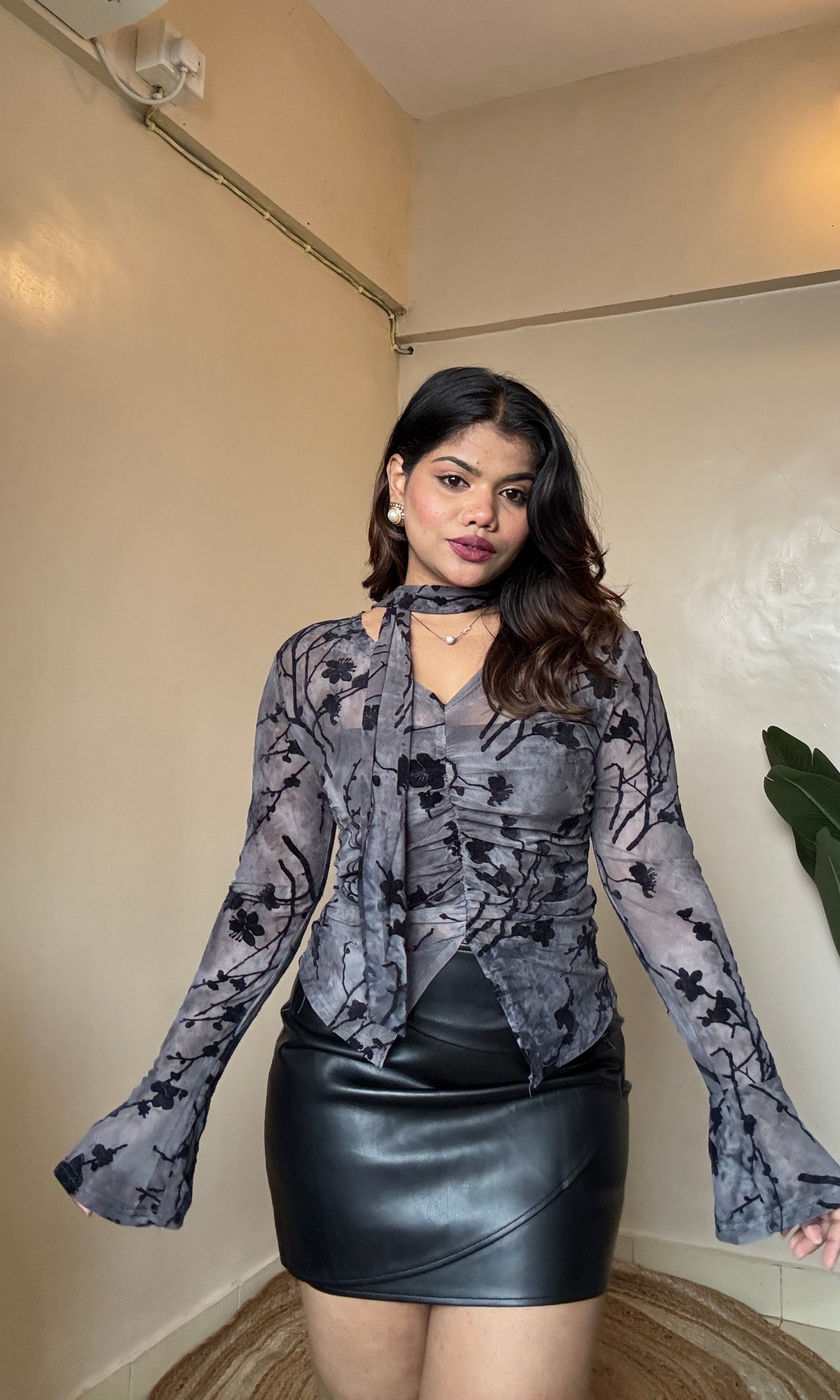 Floral Velvet Ruched Sheer Mesh Top With Ribbon