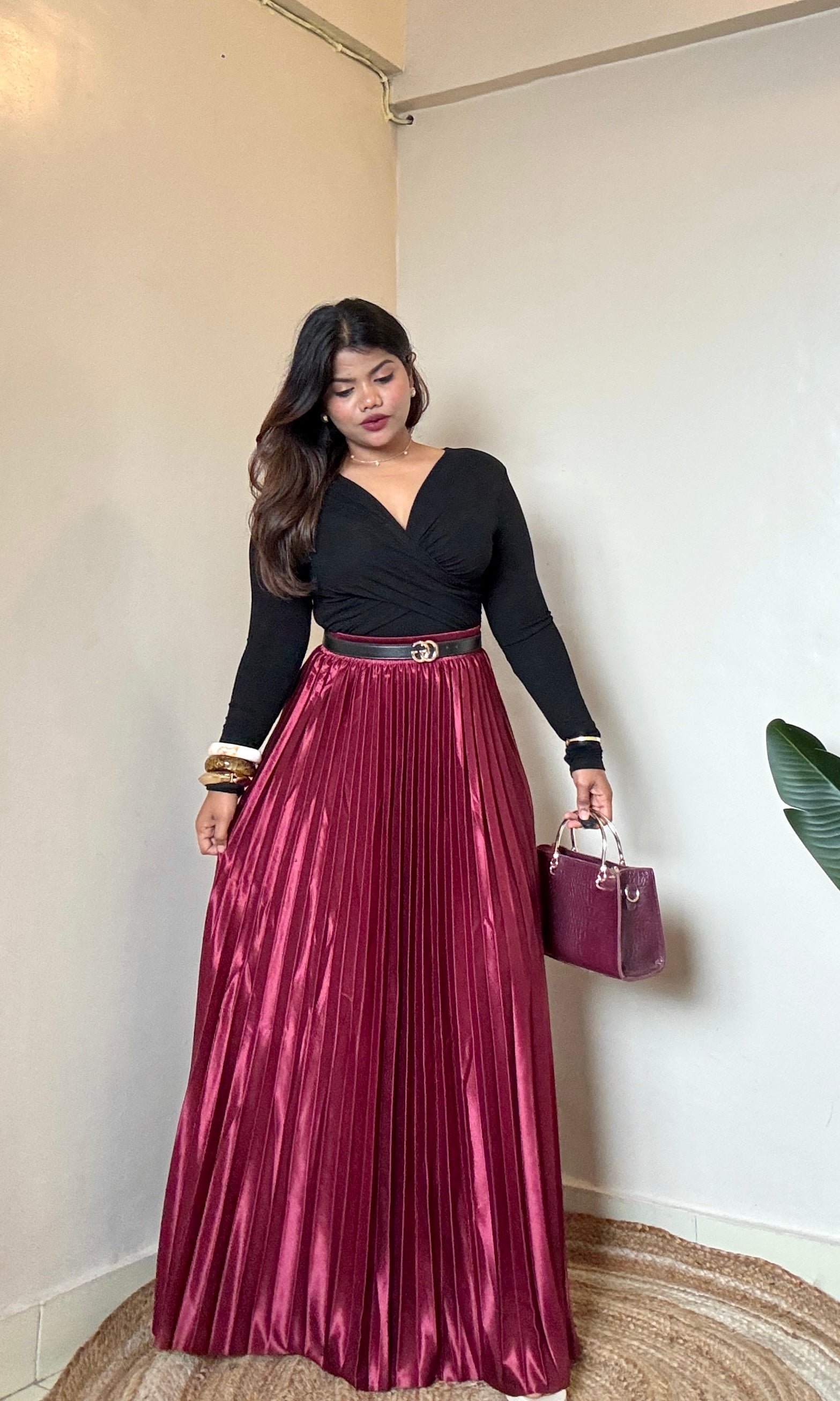 Premium Wine Satin Pleated Skirt